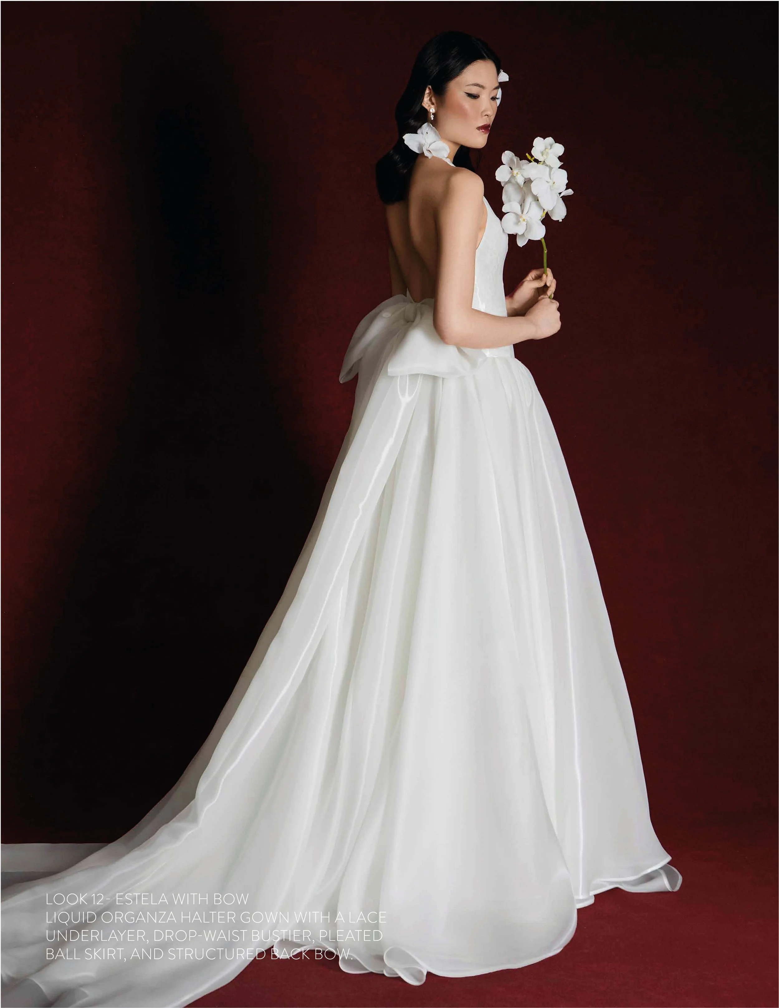 ESTELA GOWN - Liquid Organza halter gown with lace underlayer, drop waist bustier and pleated ball skirt.