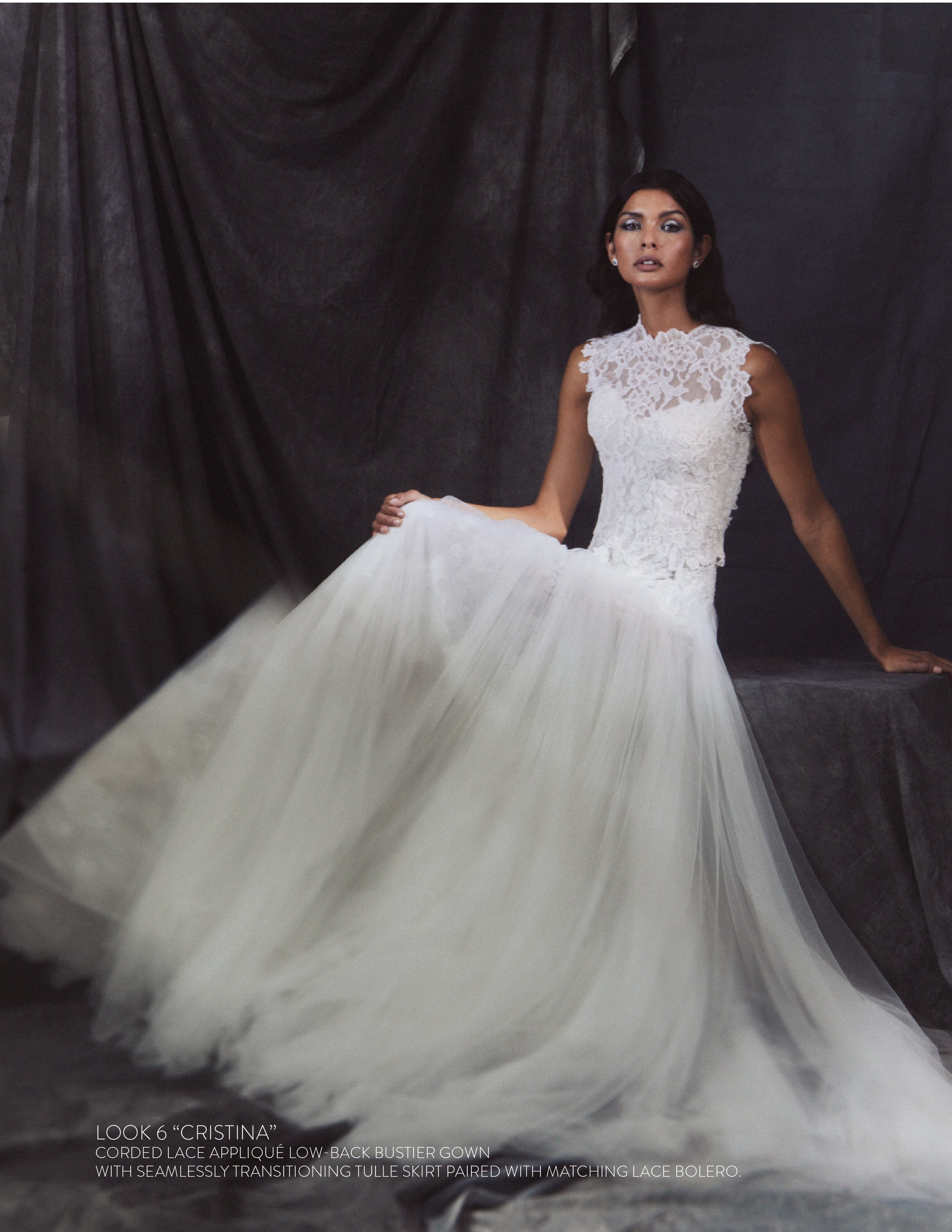 CRISTINA GOWN - Corded lace appliqué low-back bustier gown with seamlessly transitioning tulle skirt paired with matching lace bolero.