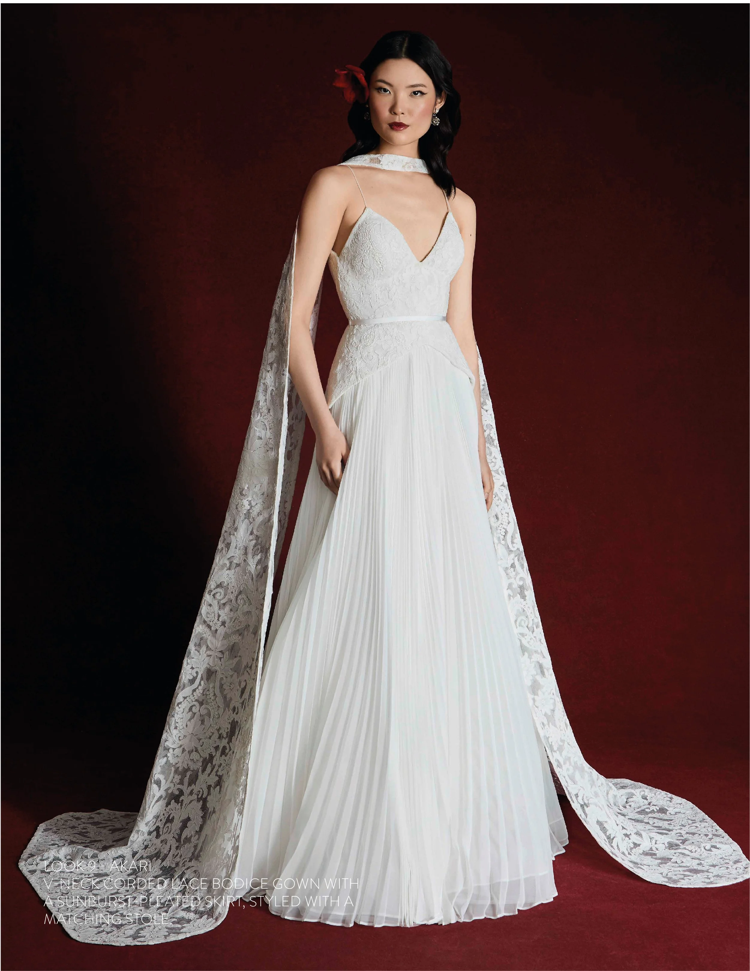AKARI GOWN - V-neck corded lace bodice gown with a sunburst pleated skirt, styled with a matching stole. 
