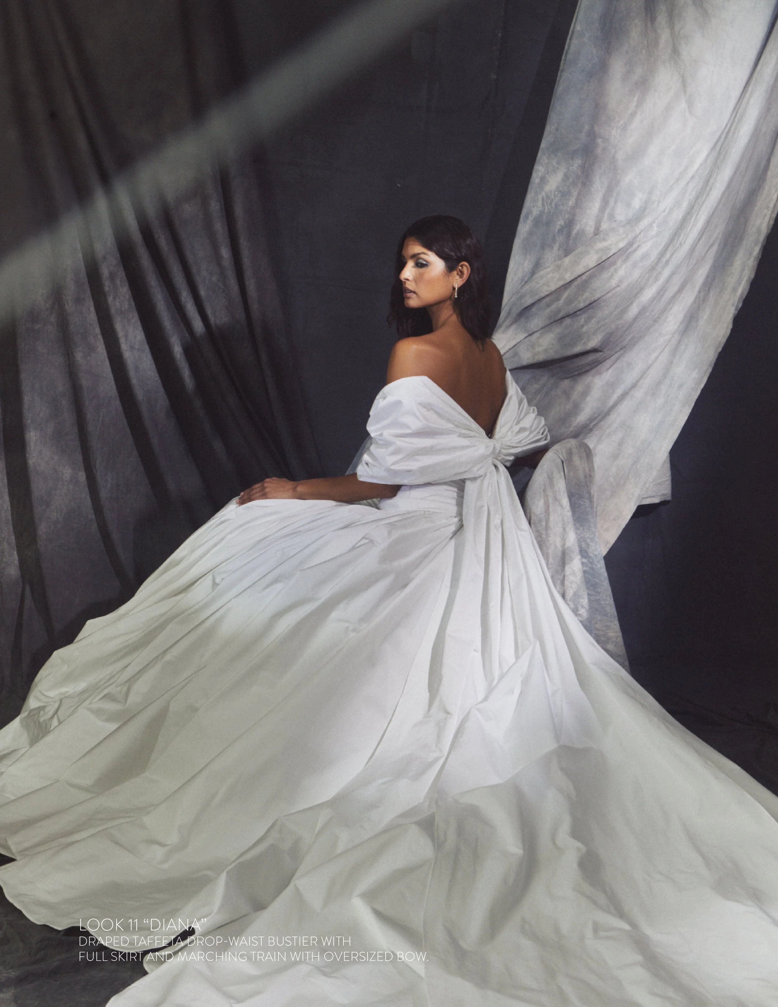 DIANA GOWN - Draped taffeta drop-waist bustier with full skirt and marching train with oversized bow.