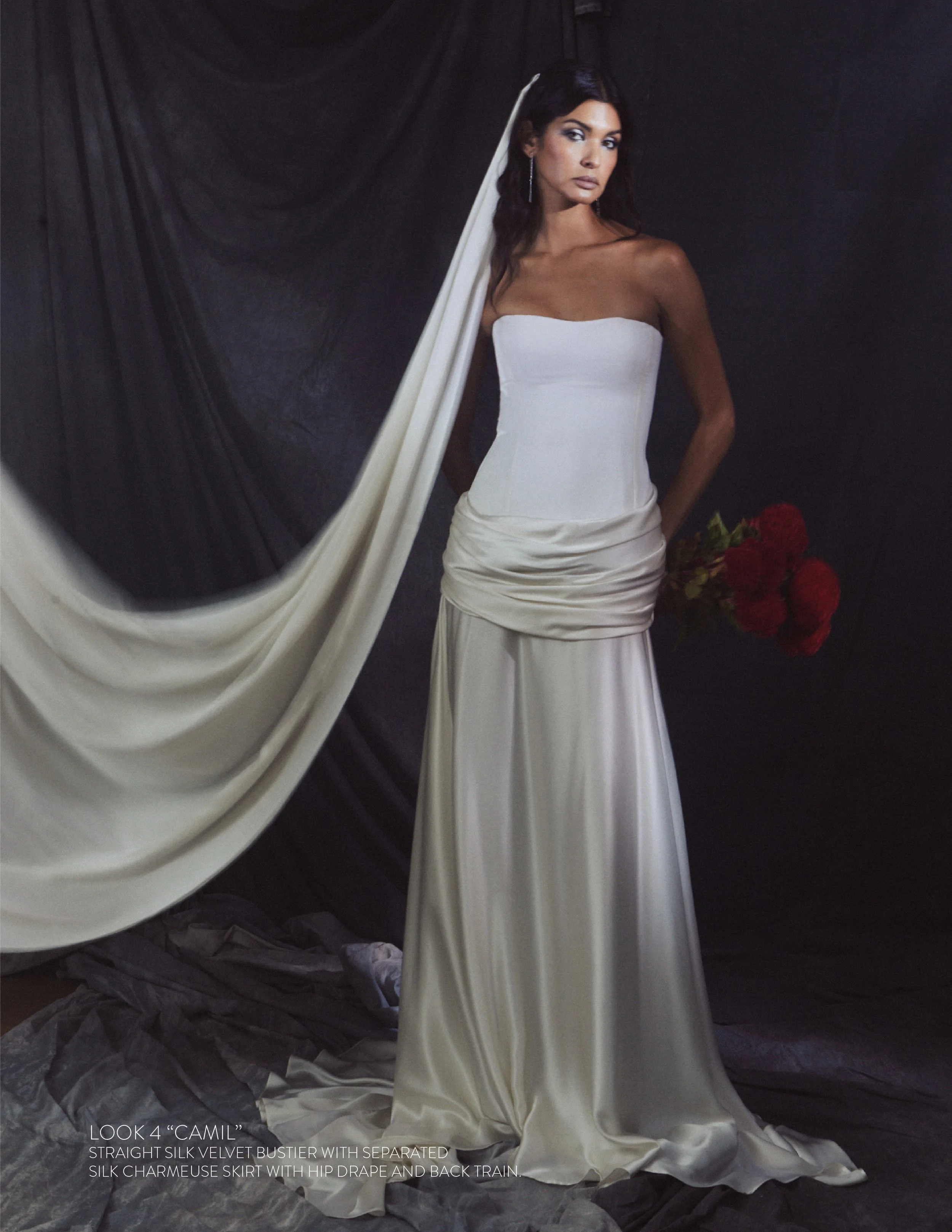 CAMIL SET - Straight silk velvet bustier with separated silk charmeuse skirt with hip drape and back train.