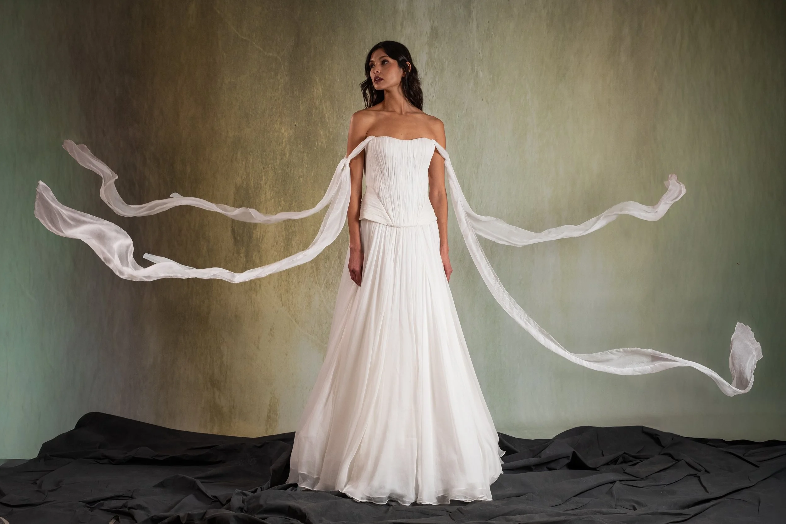 TEO GOWN - Hand-Draped crinkled silk chiffon gown with separating bustier look.