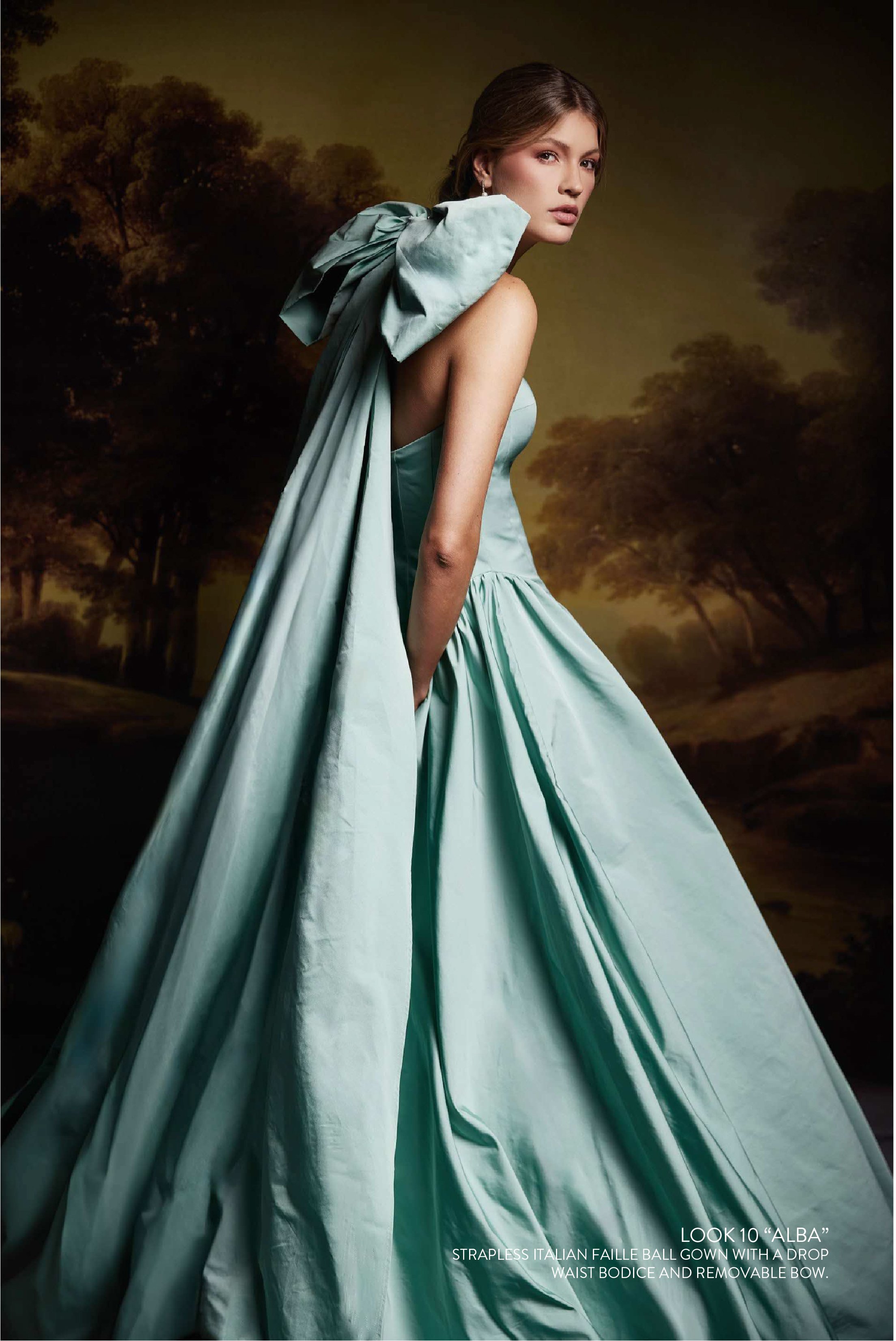 ALBA GOWN - Strapless italian faille ball gown with drop waist bodice and removable bow. Available in sage or ivory color.