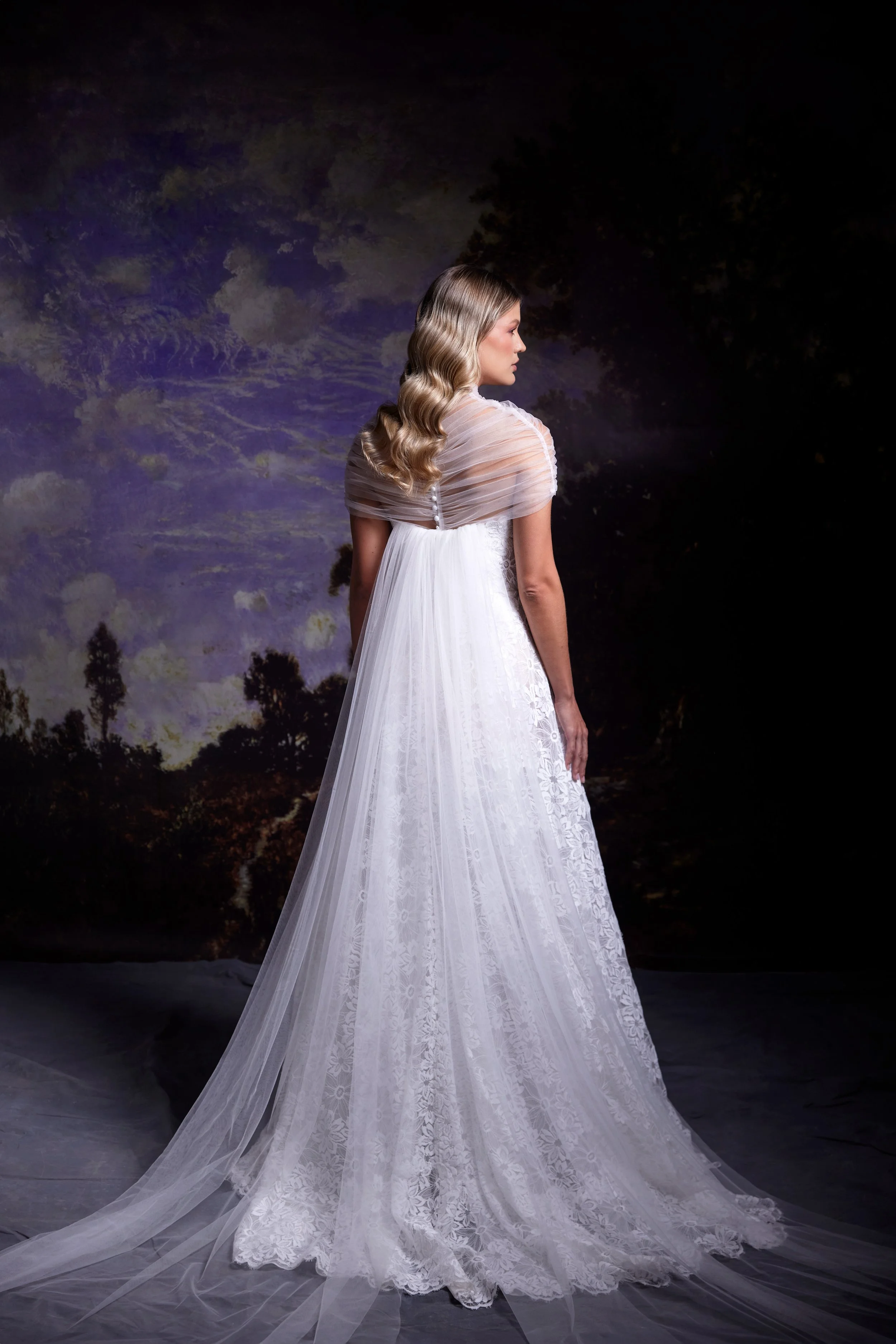 Jessica cape + wings. Tulle cape covered buttons and long "wings" train.