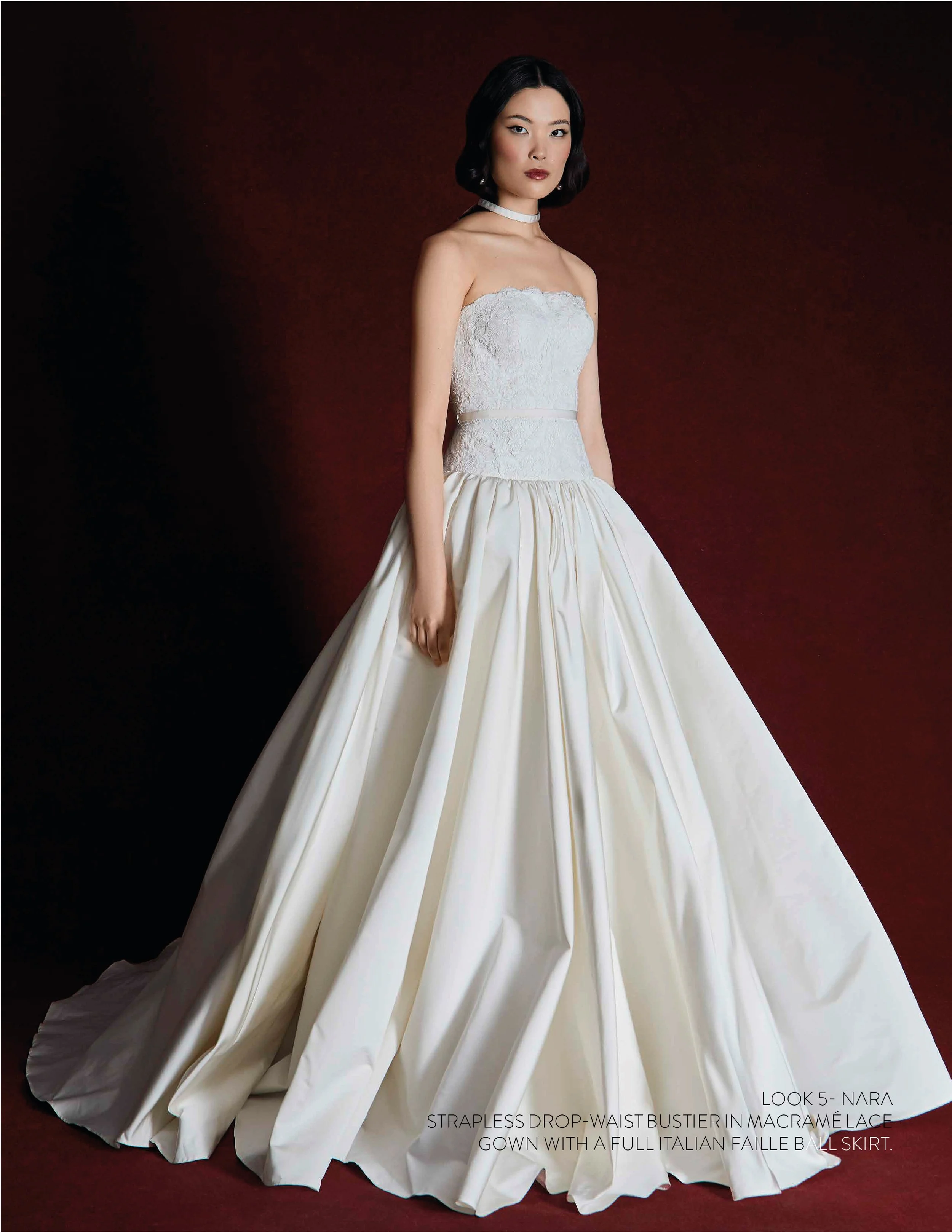 NARA GOWN - Strapless drop waist bustier covered in macramé lace with italian faille ball skirt.