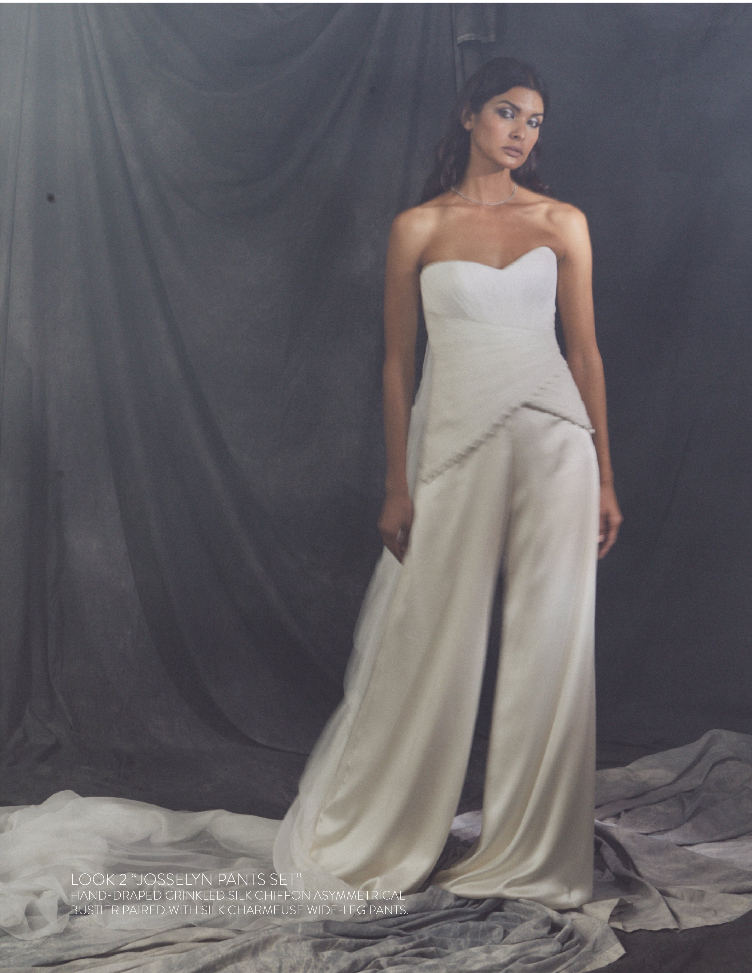 JOSSELYN WITH PANTS - Hand-Draped crinkled silk chiffon asymmetrical bustier paired with silk charmeuse wide-leg pants.