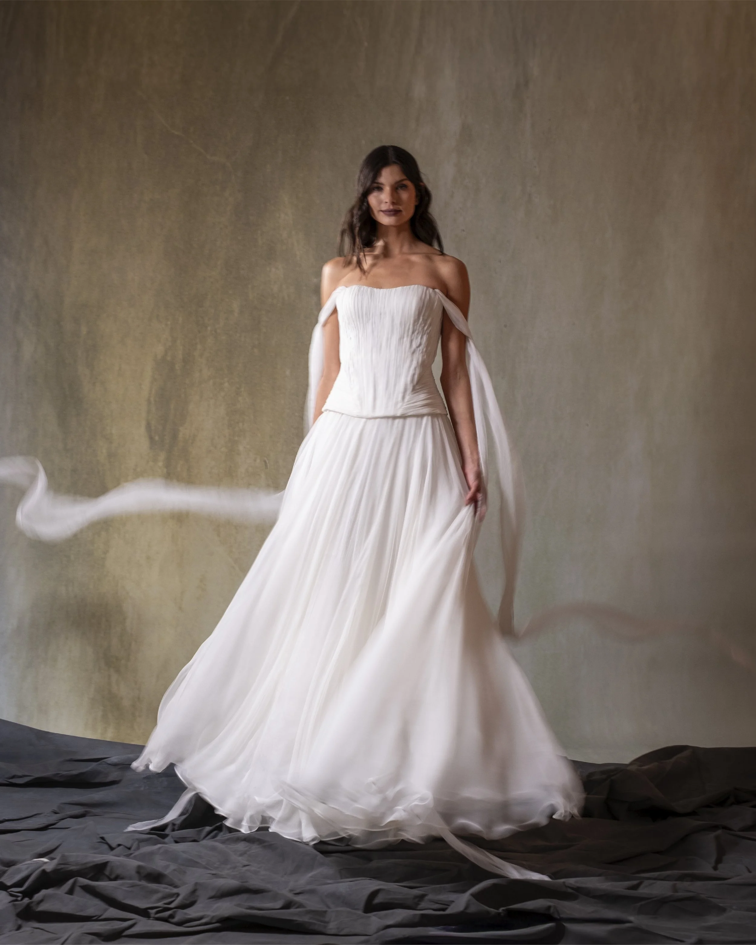 Hand-Draped crinkled silk chiffon gown with separating bustier look.