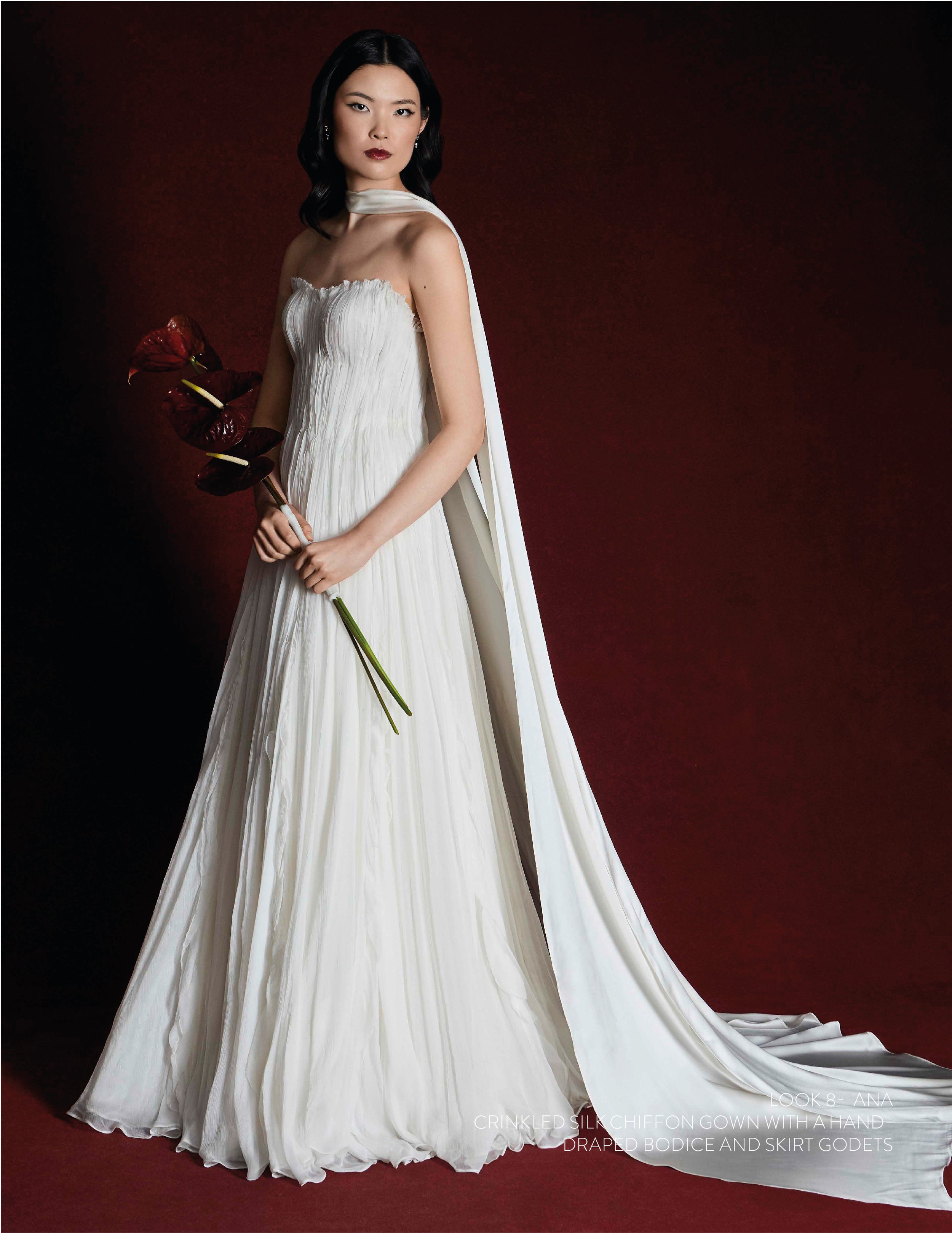 ANA GOWN - Silk crinkled chiffon hand draped gown with picot edge flounces featuring drop waist bobinette bodice.