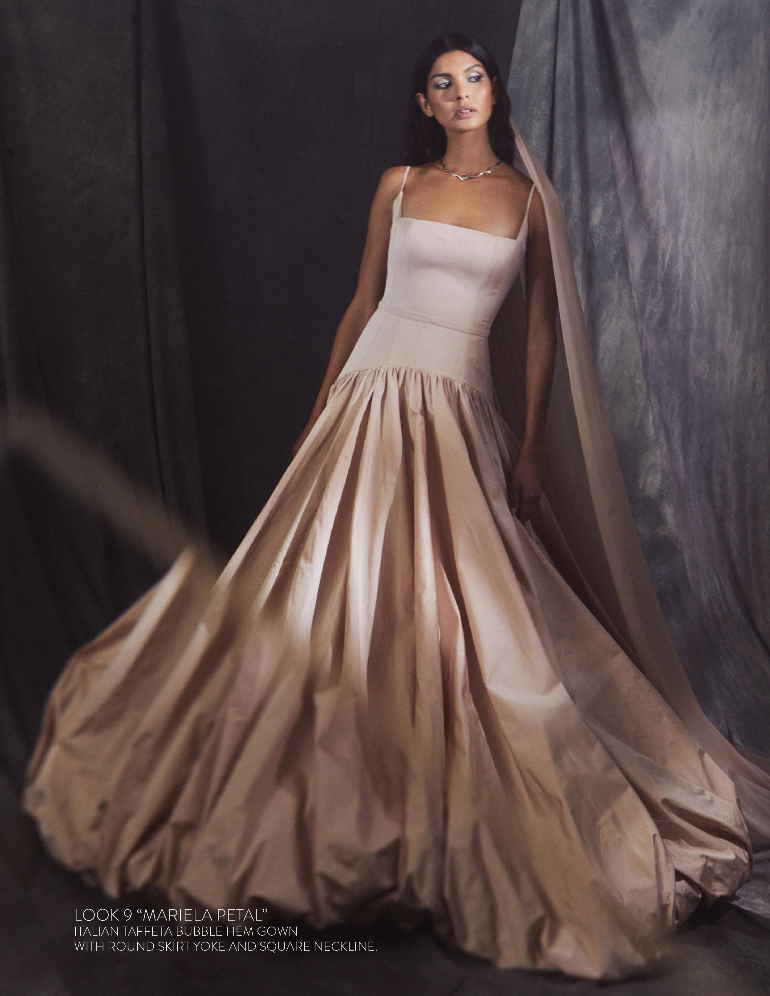 MARIELA GOWN - Petal Color
Italian Taffeta bubble hem gown with round skirt yoke and square neckline.
