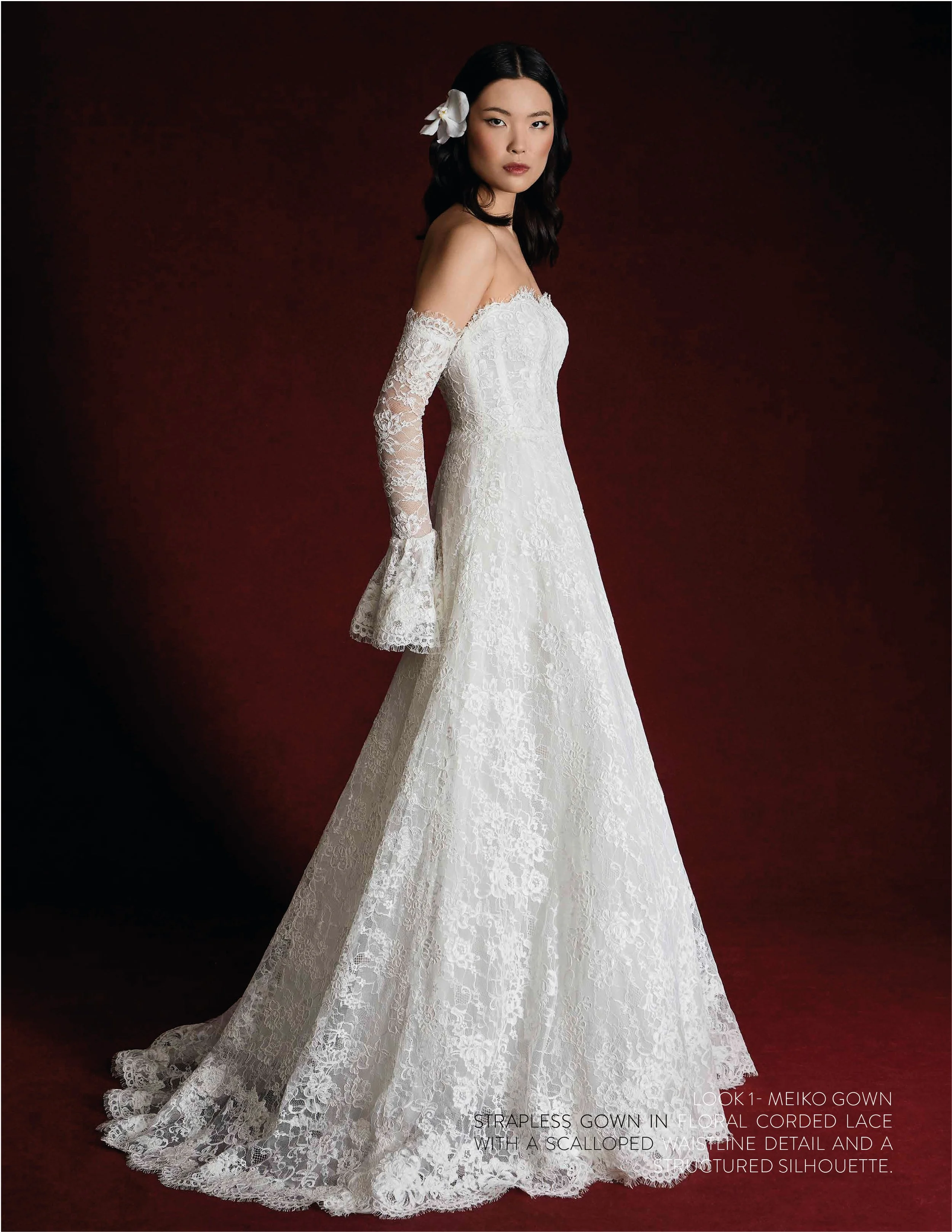 MEIKO GOWN - Floral corded lace strapless gown with scallop detail at waistline.