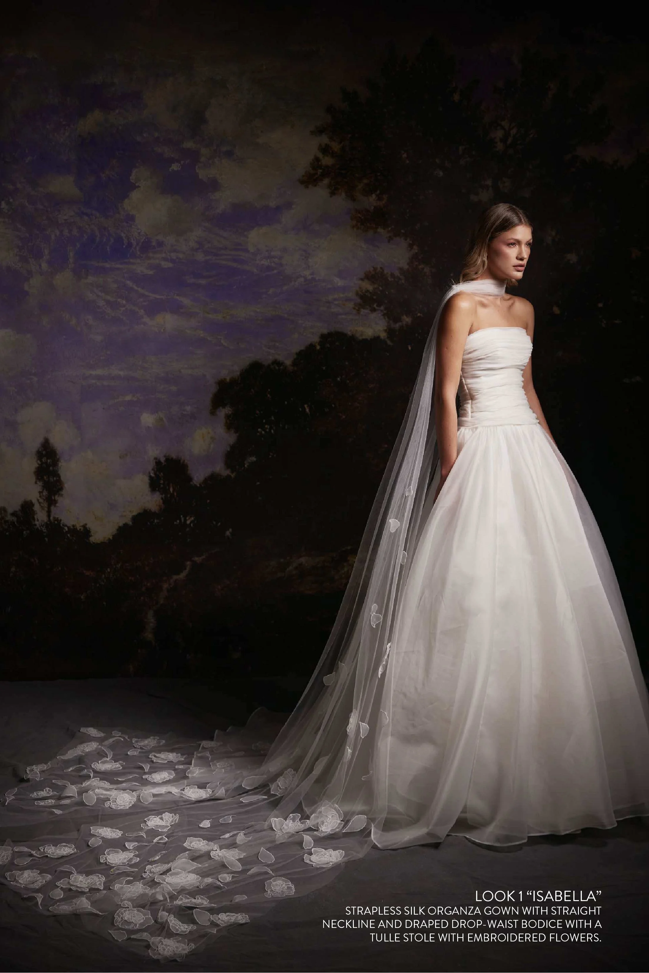 ISABELLA GOWN - Strapless silk organza gown with straight neckline and pleated. Drop waist bodice paired with Isabella stole.