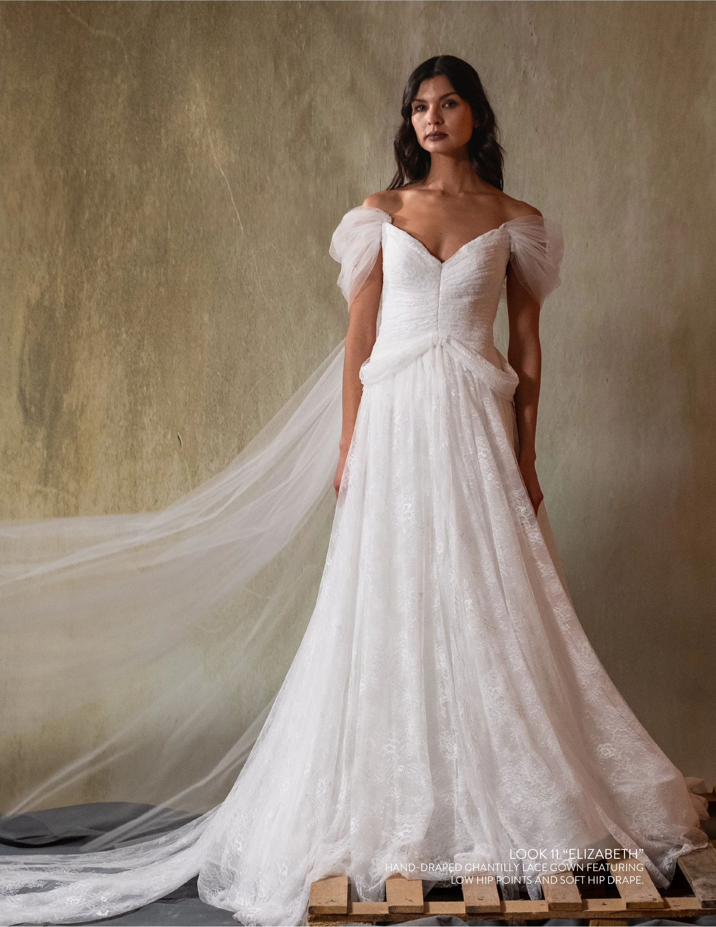 ELIZABETH GOWN - Hand-Draped chantilly lace gown featuring low hip points and soft hip drape.
