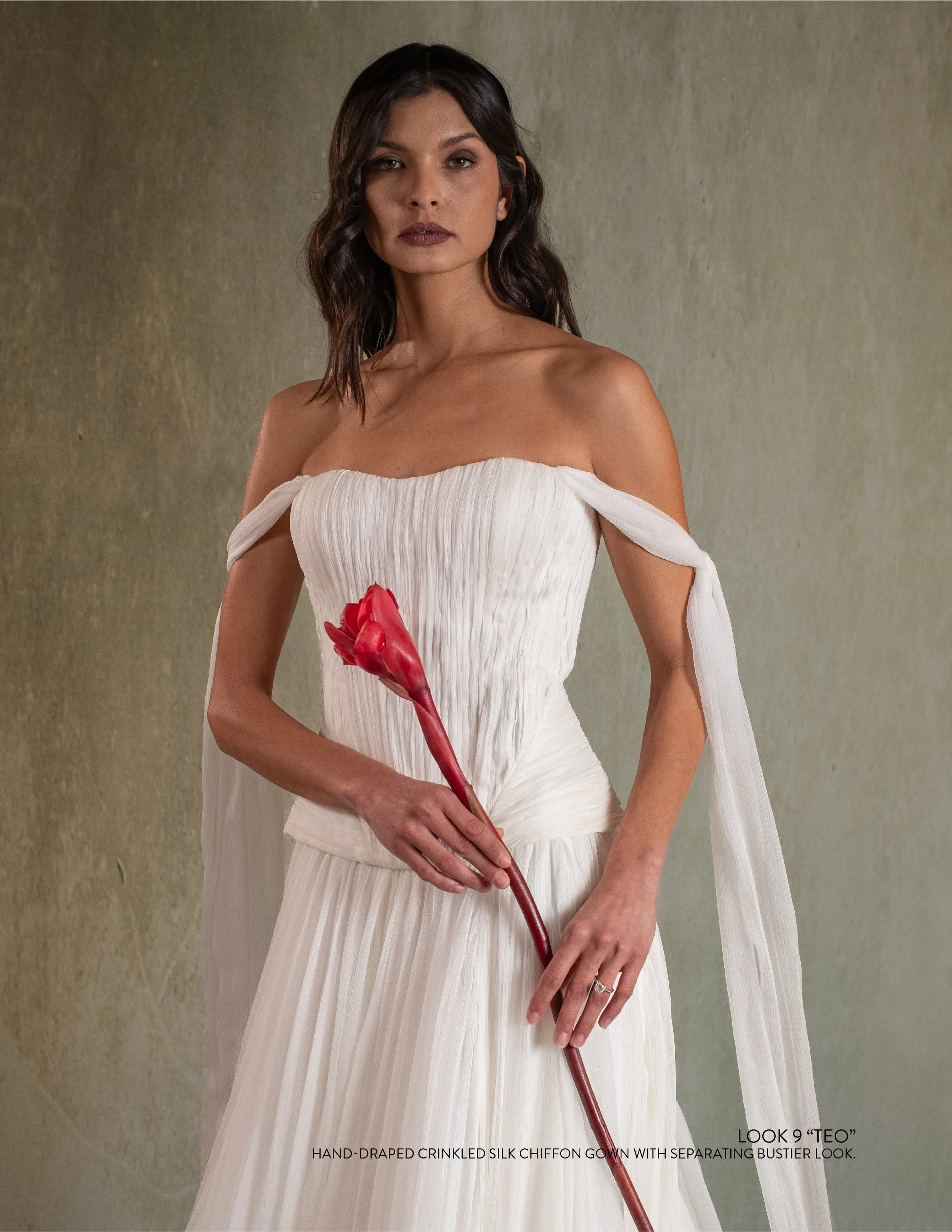 TEO GOWN - Hand-Draped crinkled silk chiffon gown with separating bustier look.