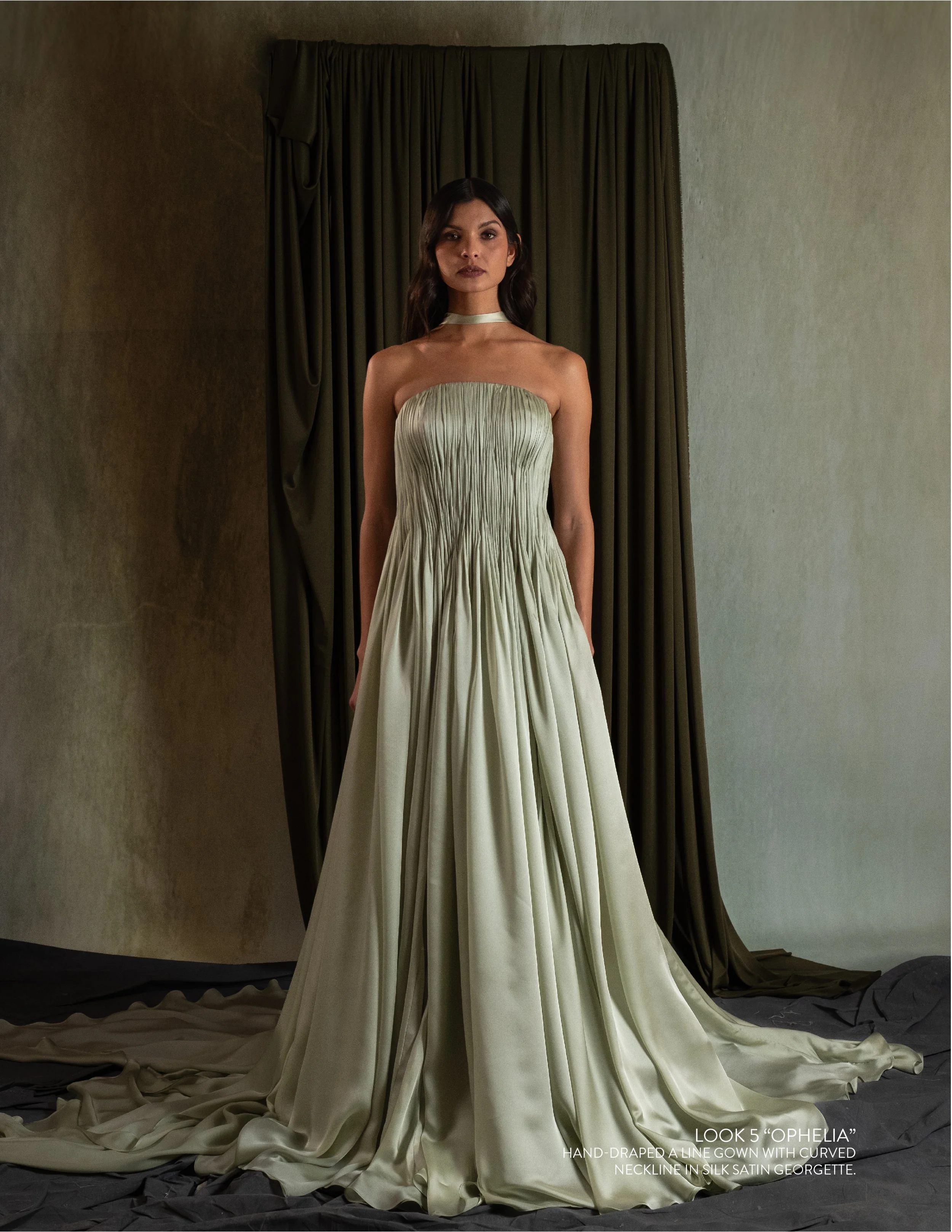 OPHELIA GOWN - Hand-Draped A line gown with curved neckline in silk satin georgette.