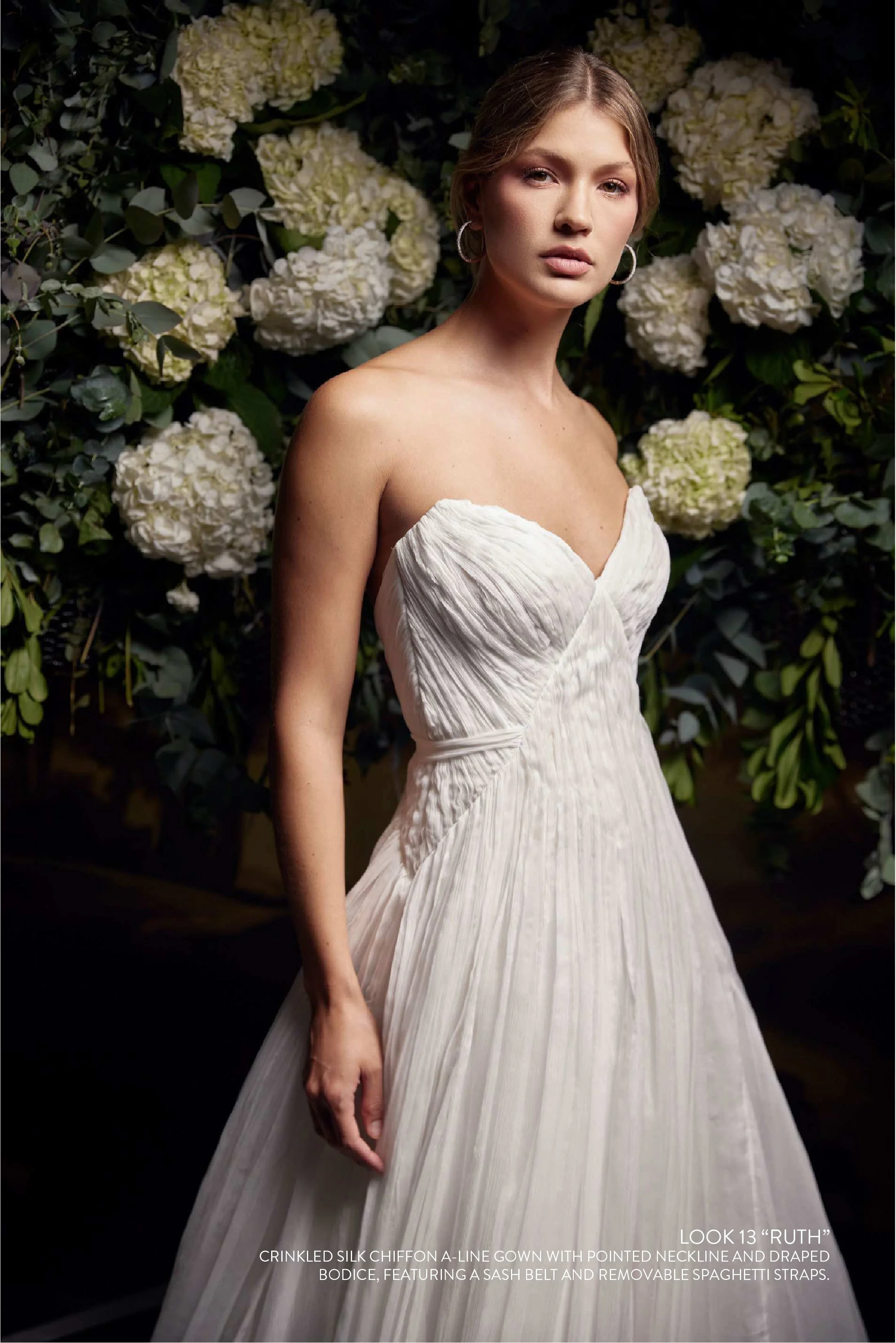RUTH GOWN - Crinkled silk chiffon A line gown with pointed neckline and draped bodice, featuring a sash belt and removable spaghetti straps.