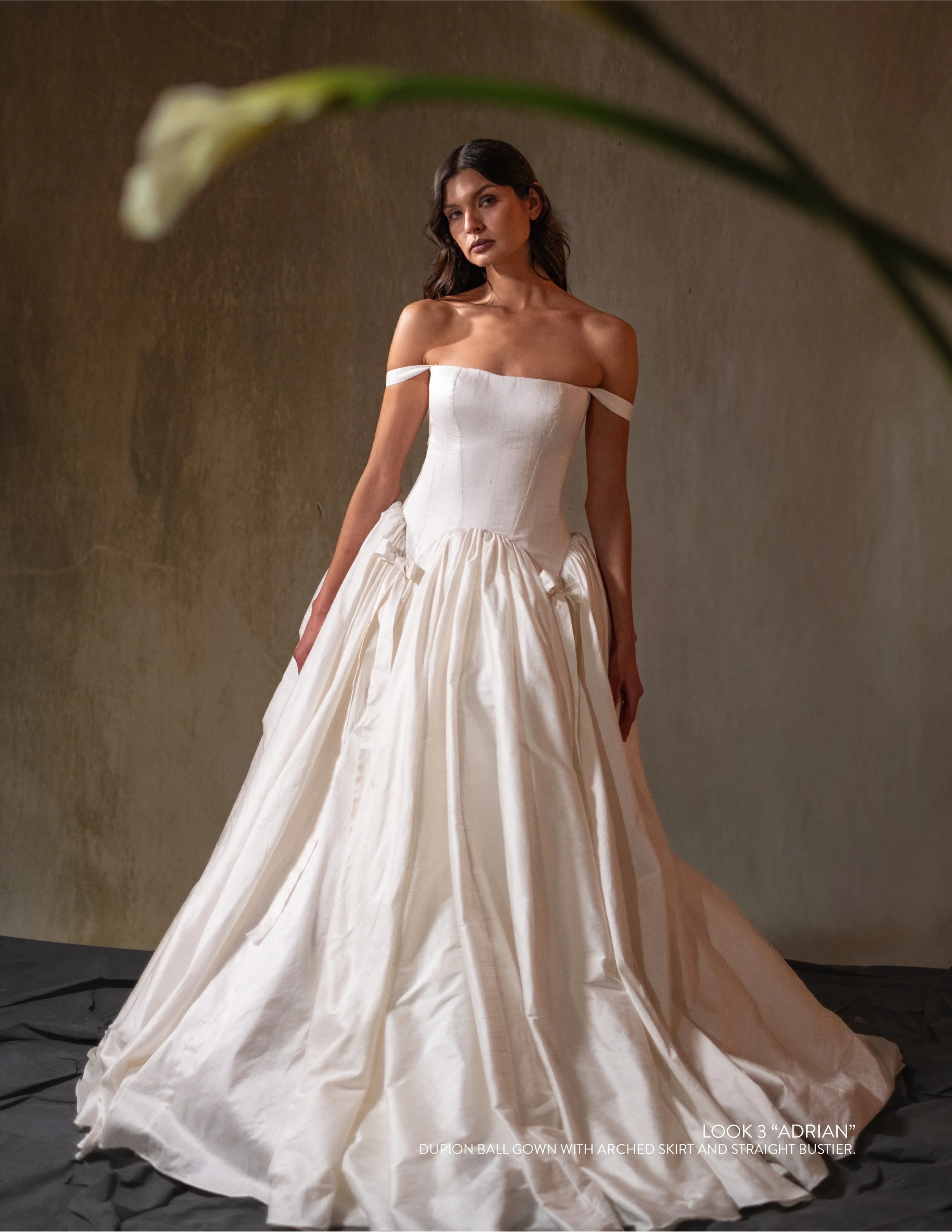 ADRIAN GOWN - Dupion ball gown with arched skirt and straight bustier.
