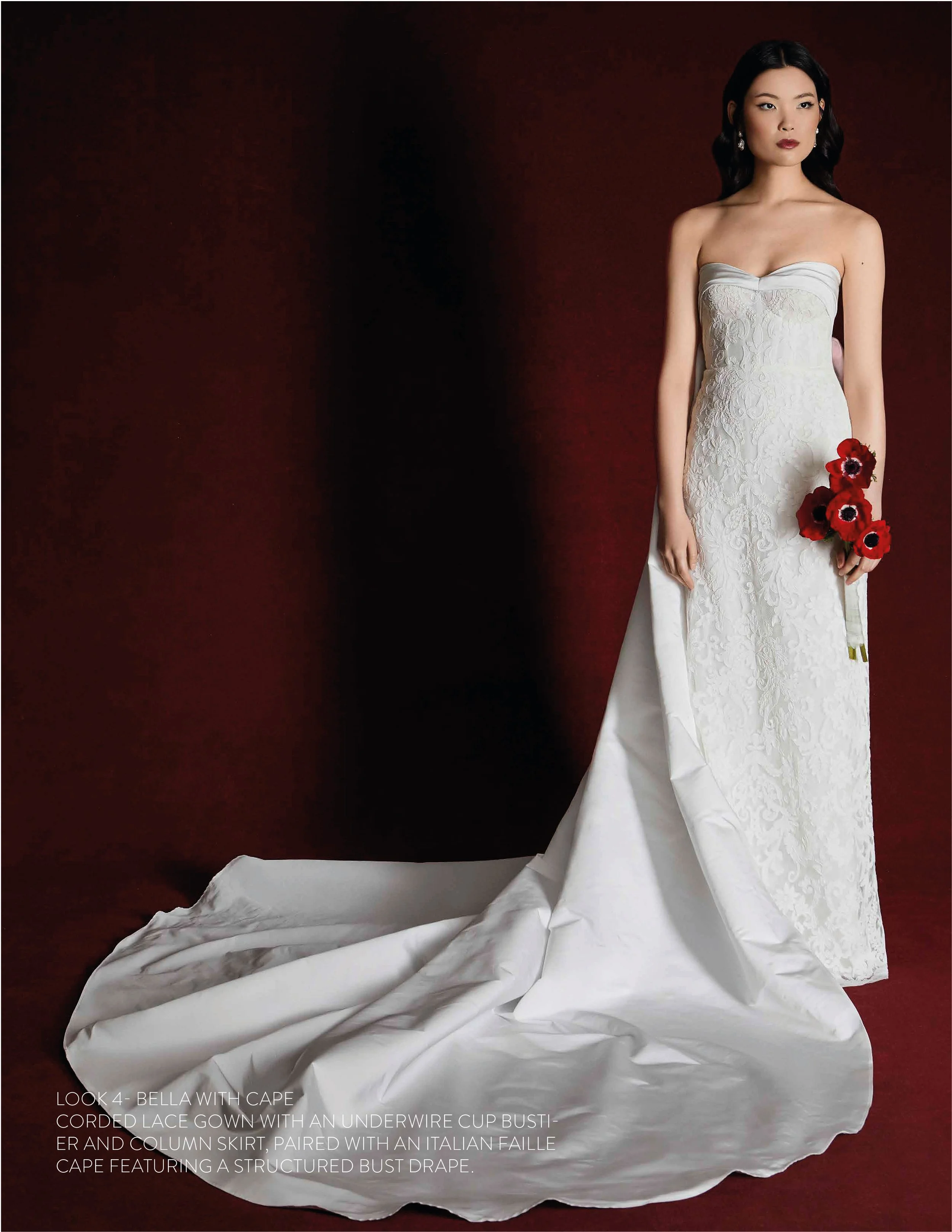 BELLA GOWN - Corded lace gown with underwire cup bustier and column skirt paired with italian faille cape with bust drape.