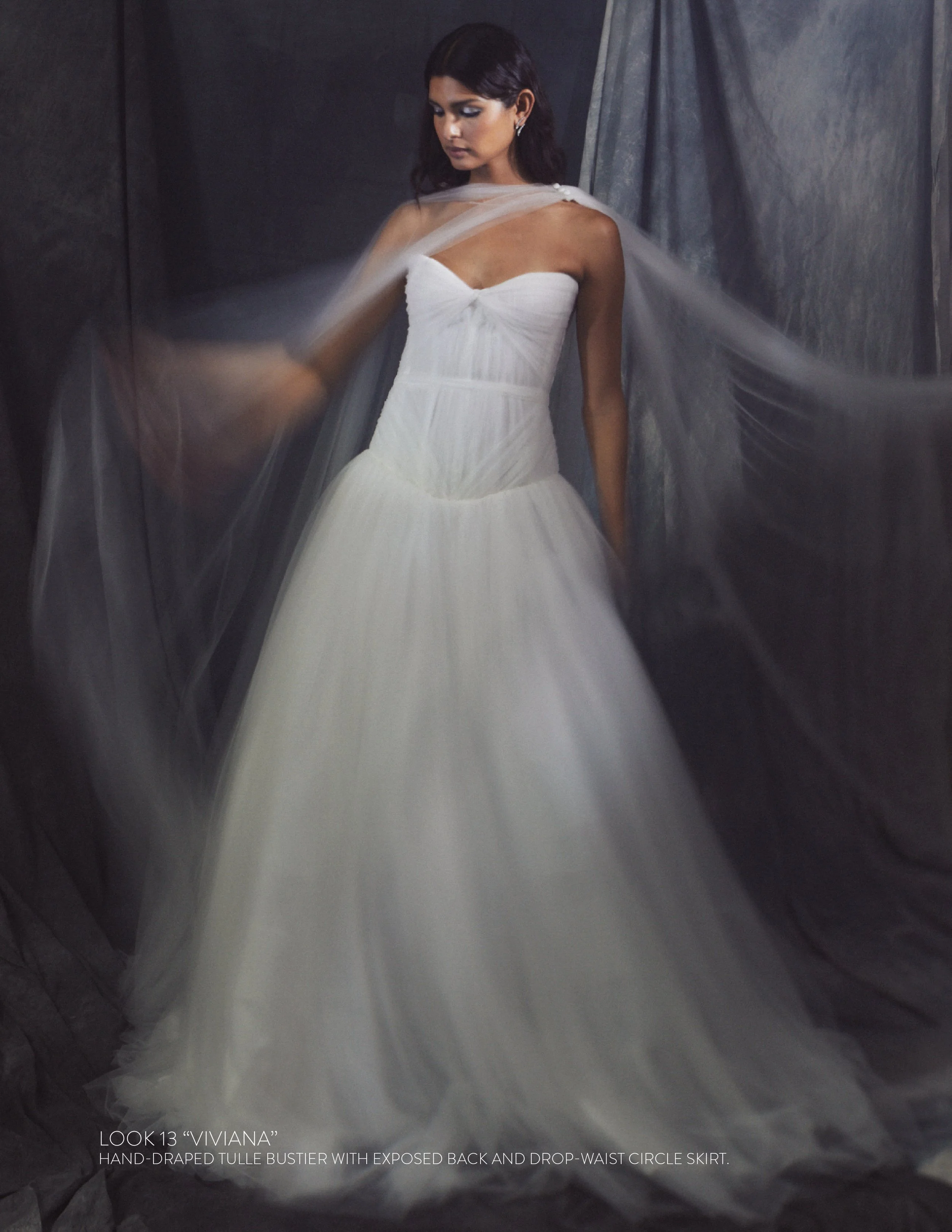VIVIANA GOWN - Hand-draped tulle bustier with exposed back and drop-waist circle skirt.