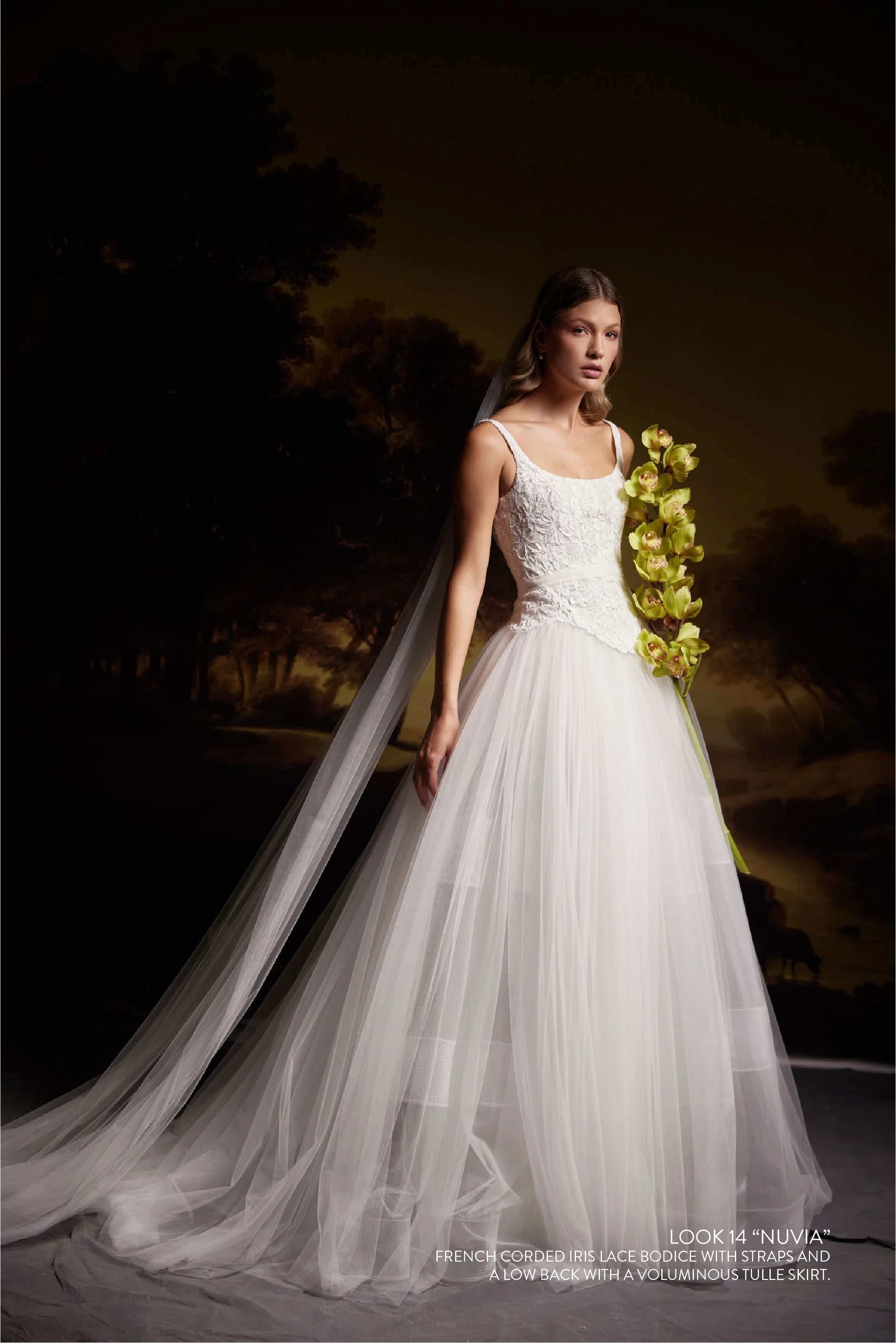 NUVIA GOWN - Ball gown with french corded iris lace bodice with straps and low back with a voluminous tulle skirt. 