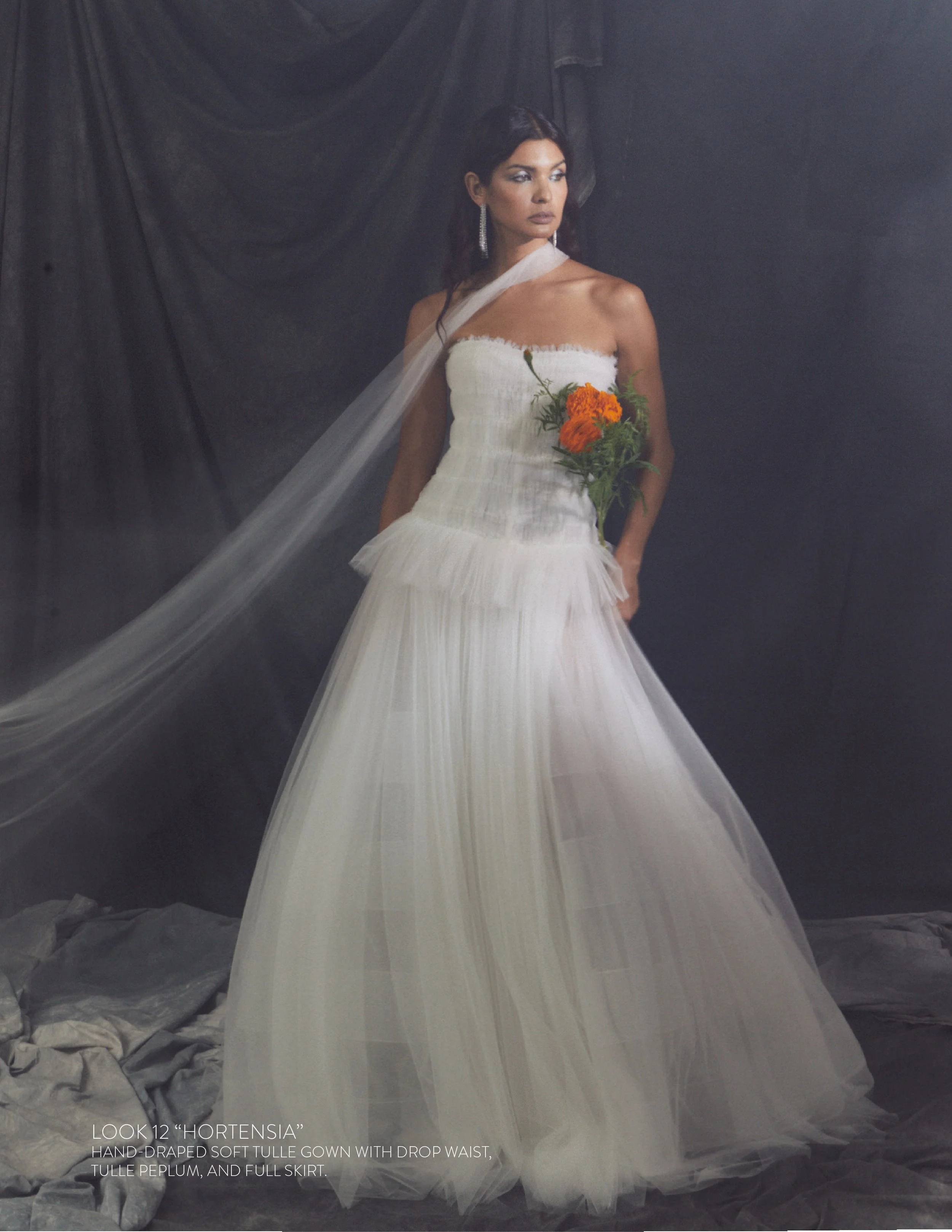 HORTENSIA GOWN - Hand-Draped soft tulle gown with drop waist, tulle peplum, and full skirt. 
