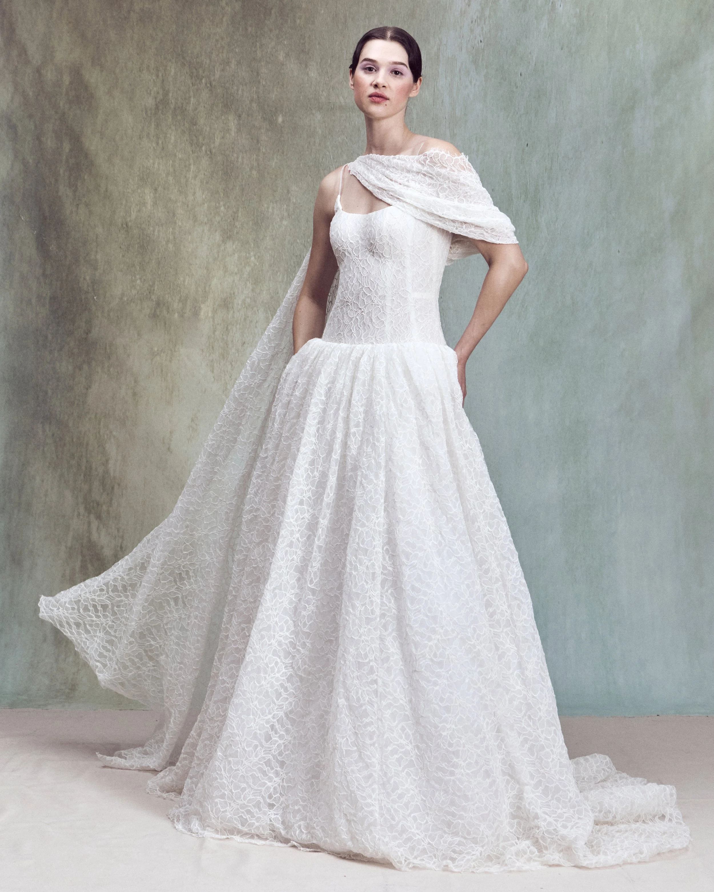 Corded lace gown with a straight-neckline bustier, delicate spaghetti straps, a low back, and drop-waist circle skirt. 