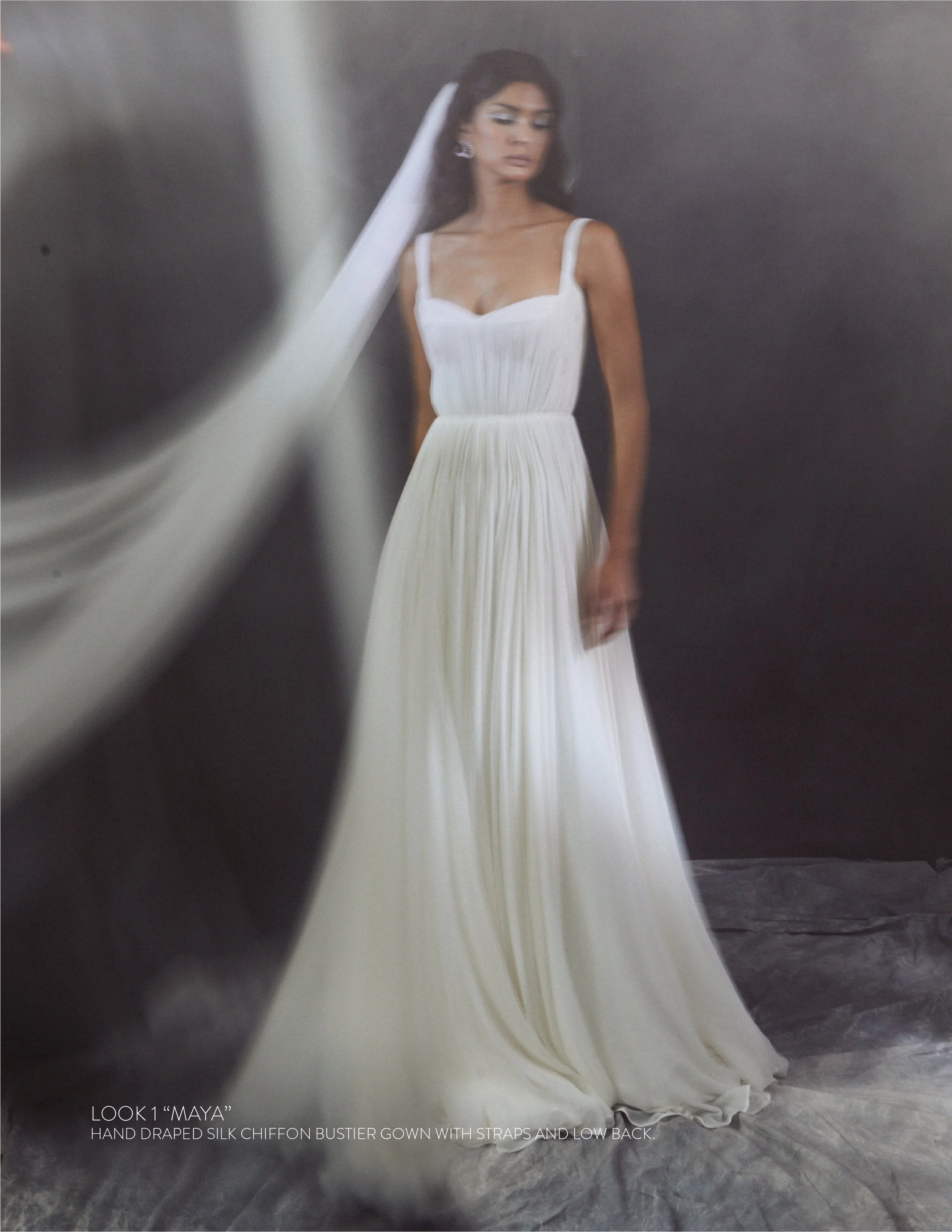 MAYA GOWN - Hand draped silk chiffon bustier gown with straps and low back.