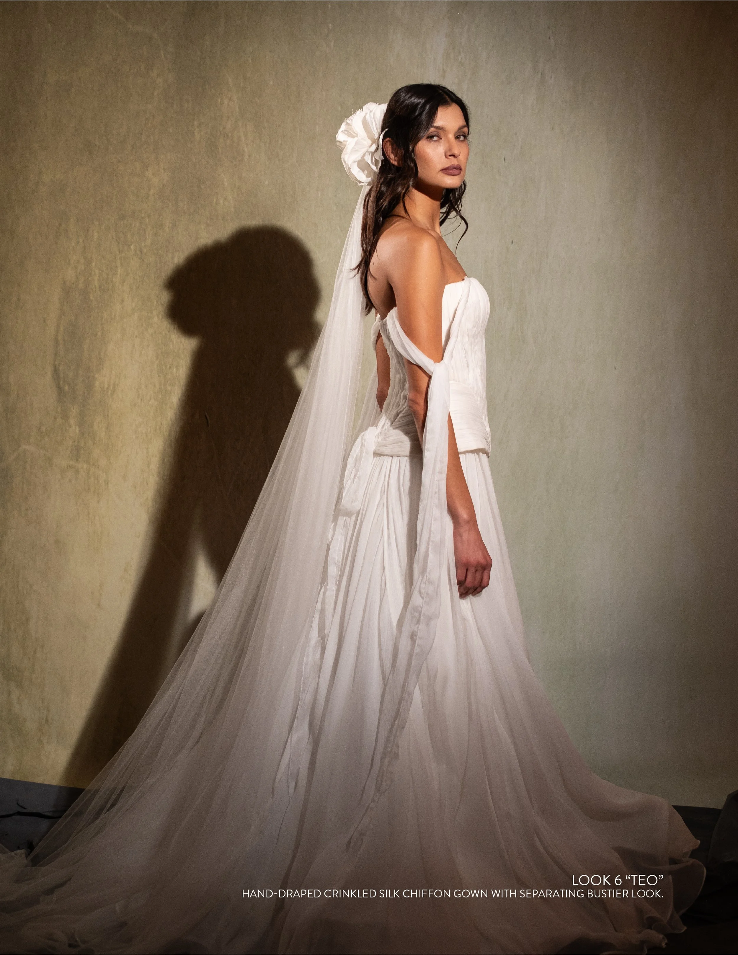 TEO GOWN - Hand-Draped crinkled silk chiffon gown with separating bustier look.