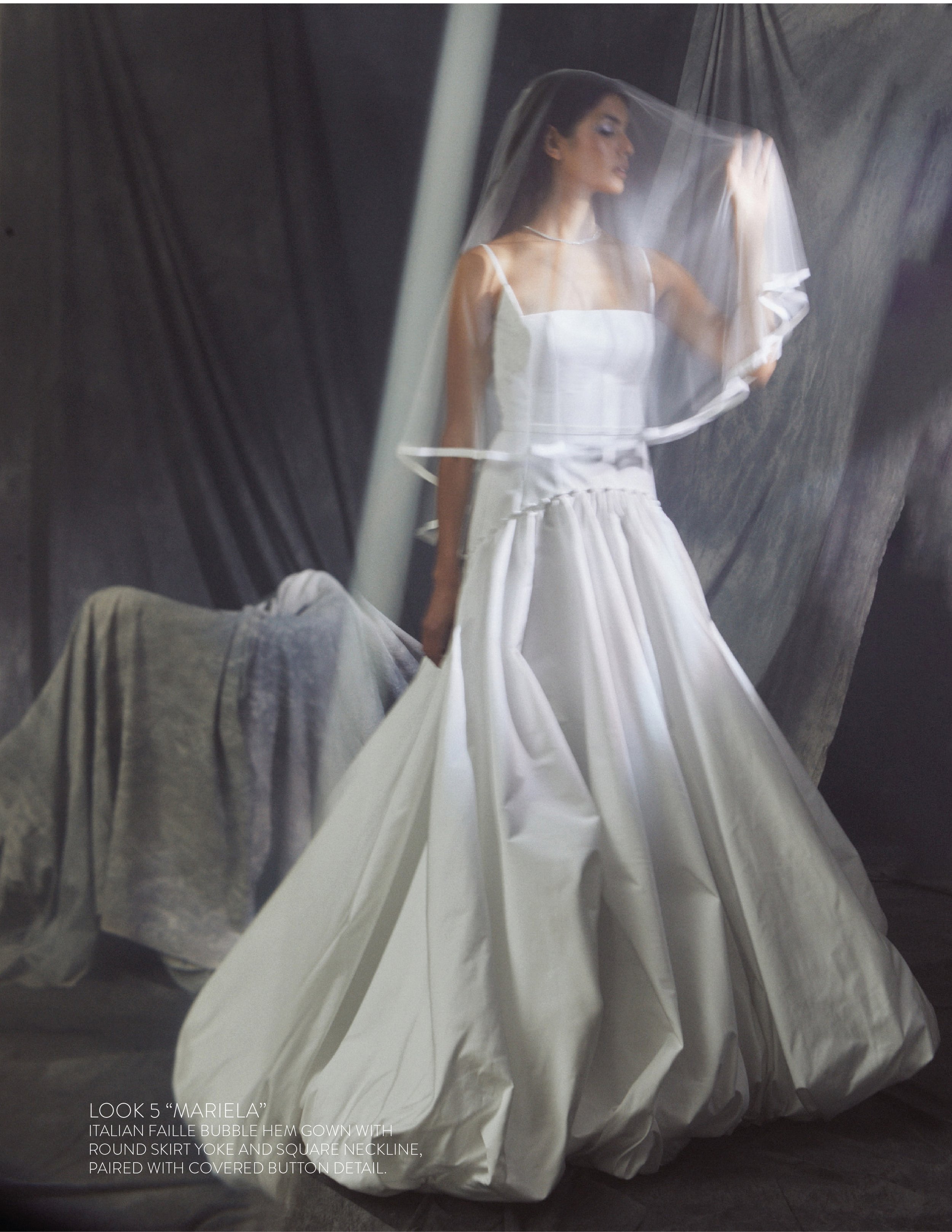 MARIELA GOWN - Italian faille bubble hem gown with round skirt yoke and square neckline, paired with covered button detail.