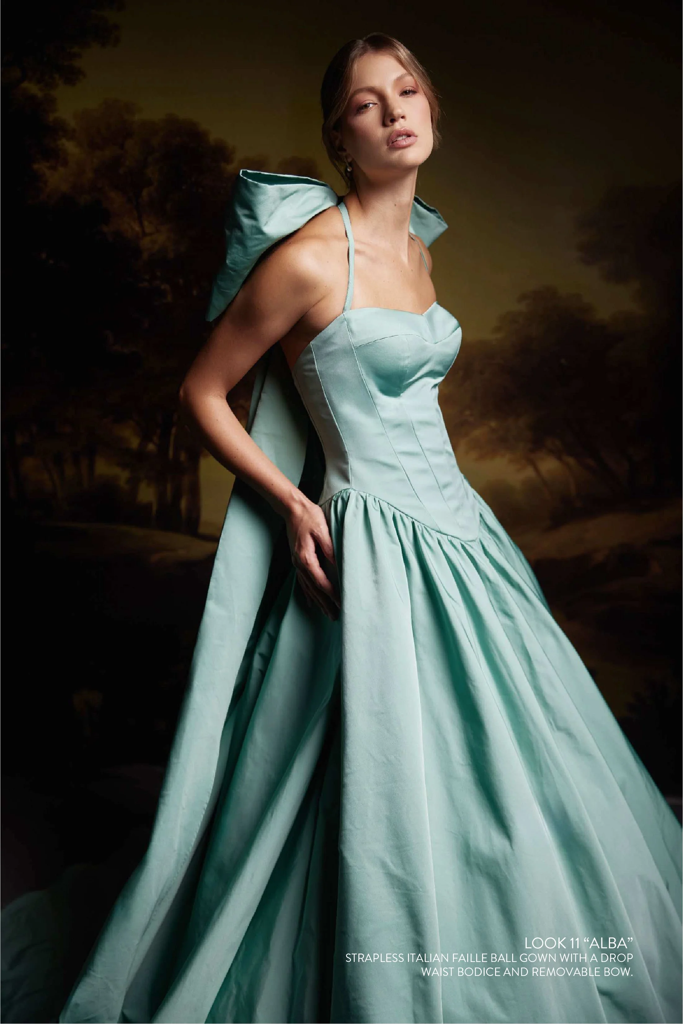 ALBA GOWN - Strapless italian faille ball gown with drop waist bodice and removable bow. Available in sage or ivory color.