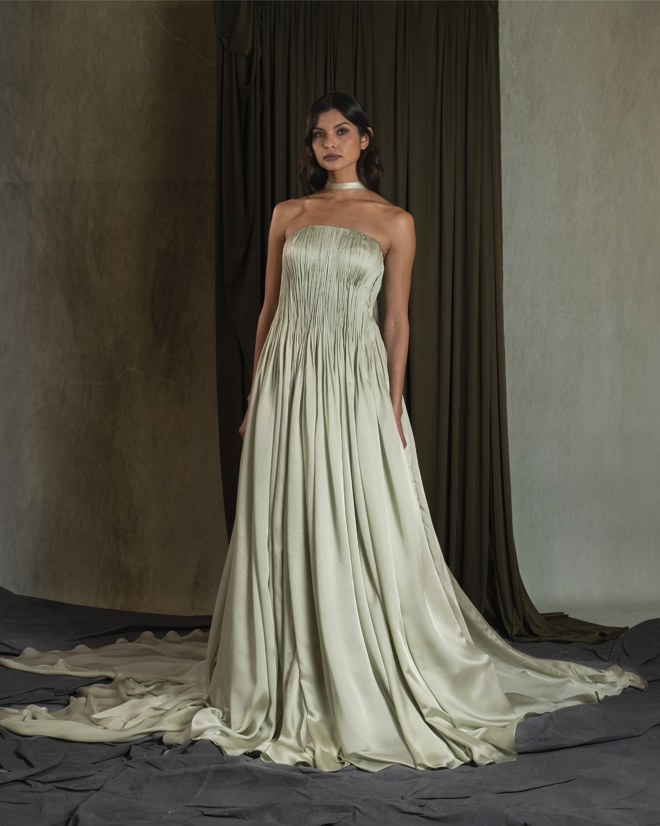 OPHELIA GOWN - Hand-Draped A line gown with curved neckline in silk satin georgette.