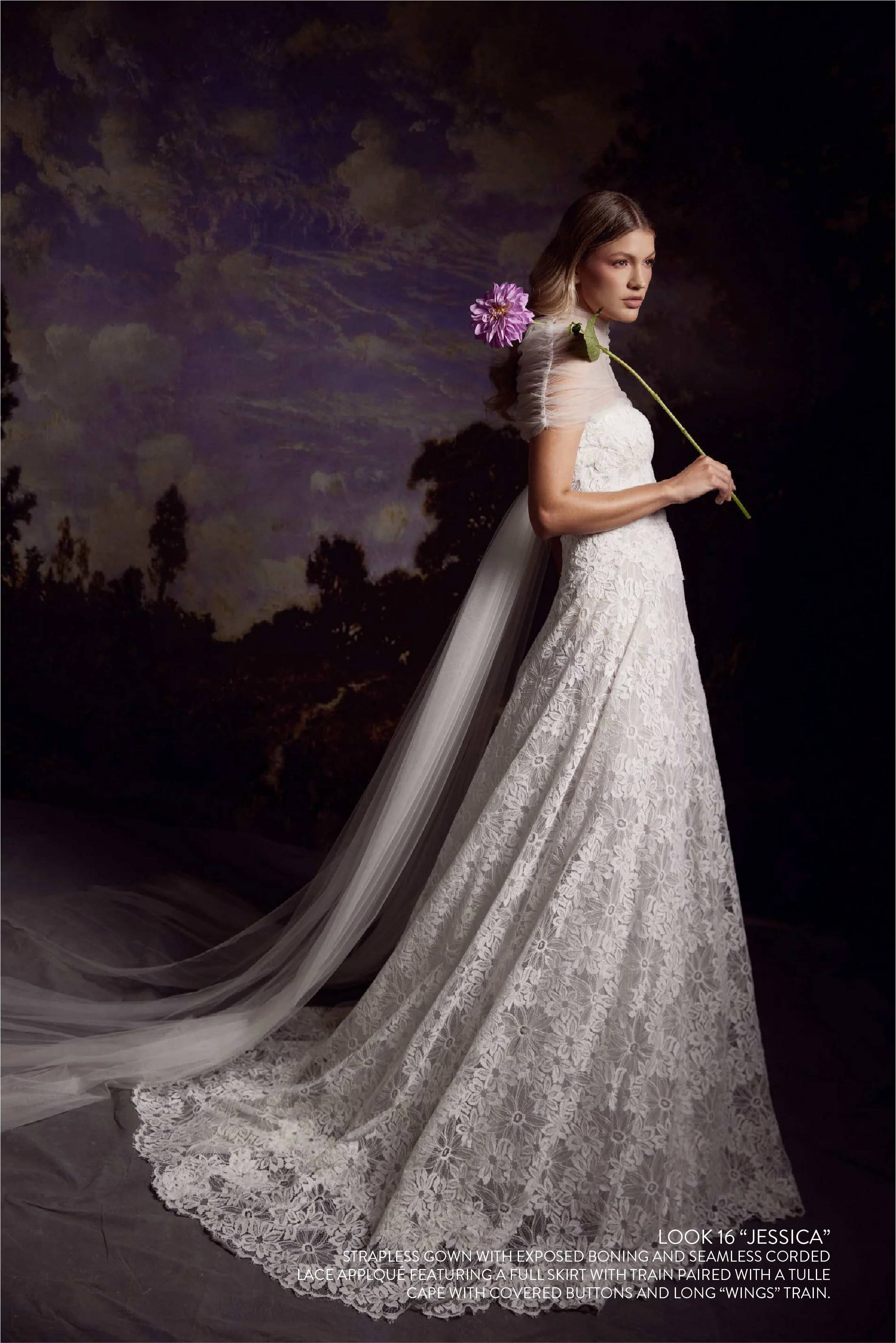 JESSICA GOWN - Strapless gown with exposed boning and seamless corded lace appliqué with full skirt and train. 
