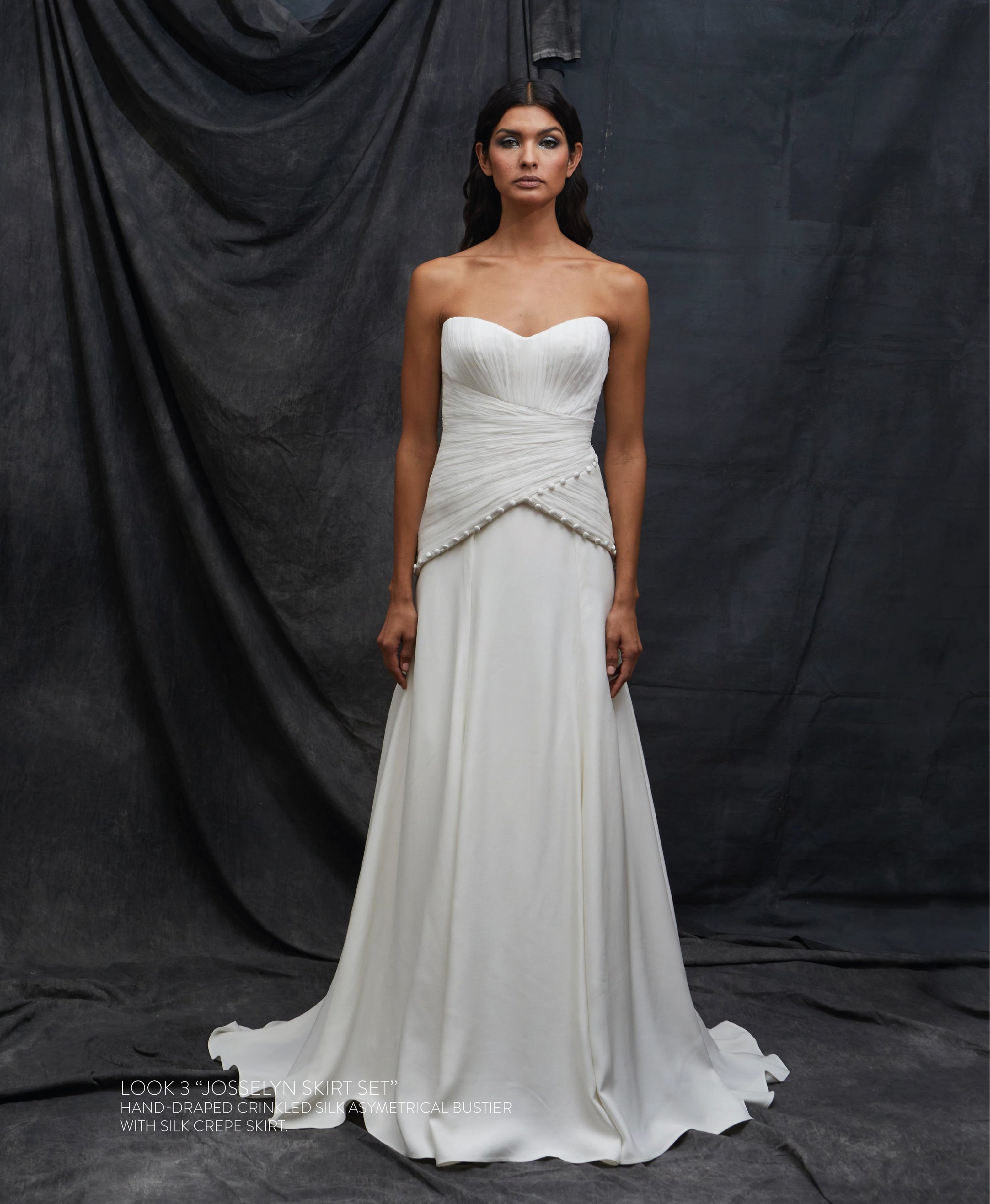 CAMIL SET - Straight silk velvet bustier with separated silk charmeuse skirt with hip drape and back train.