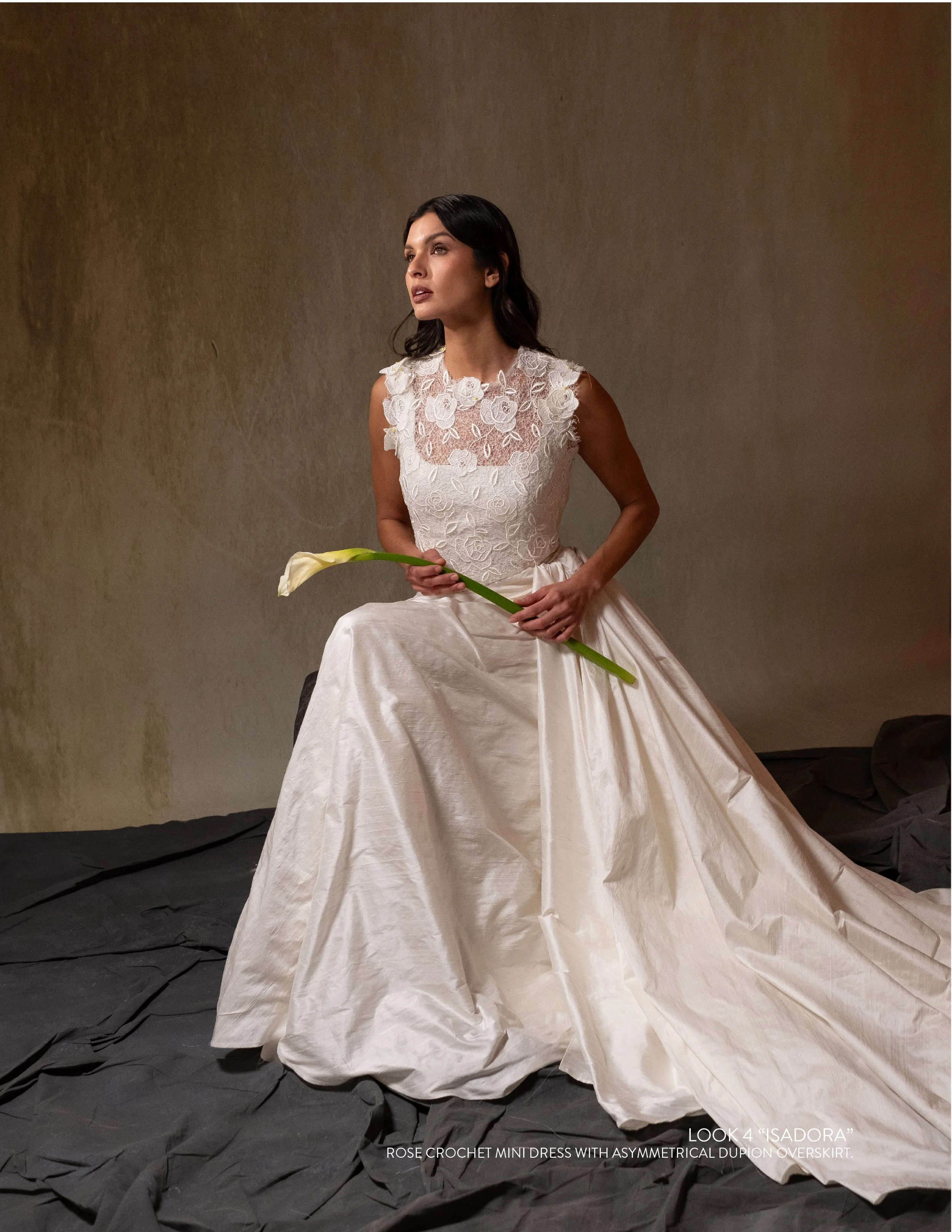 ISADORA GOWN - Rose crochet mini dress with asymmetrical dupion overskirt. 
