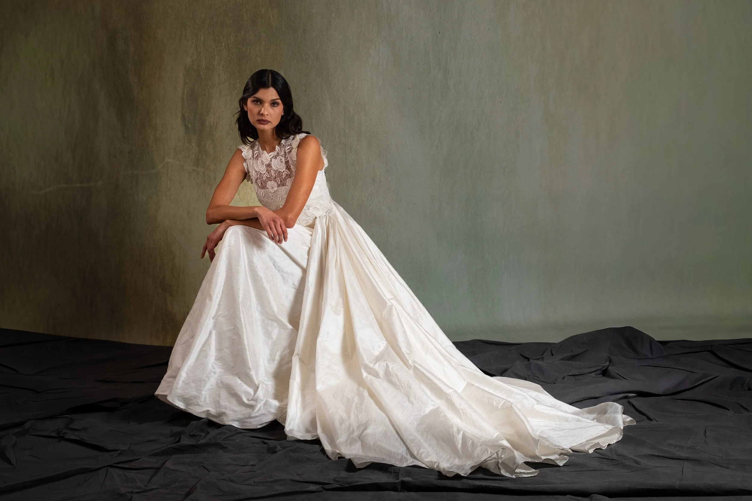 ISADORA GOWN - Rose crochet mini dress with asymmetrical dupion overskirt. 