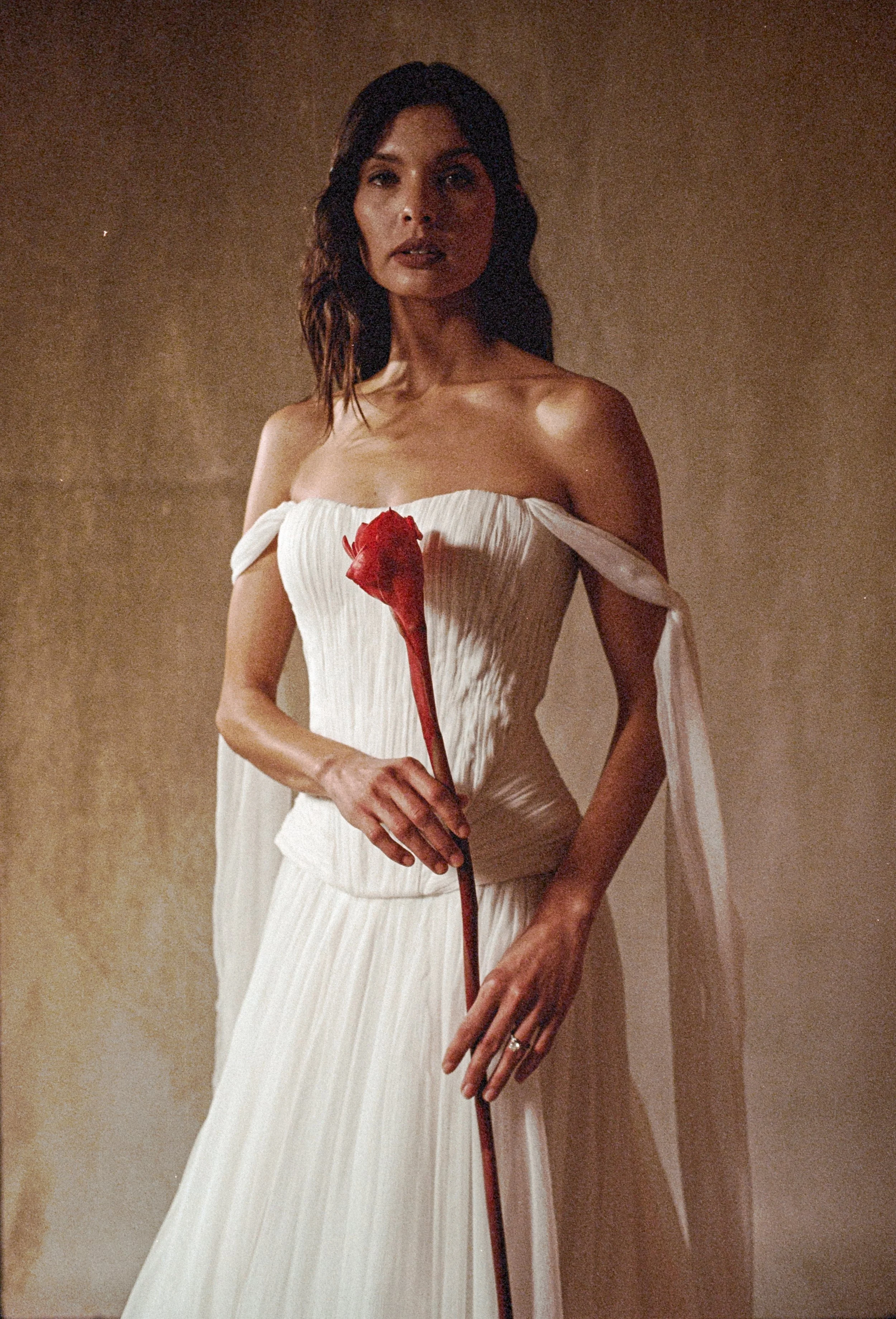 TEO GOWN - Hand-Draped crinkled silk chiffon gown with separating bustier look.