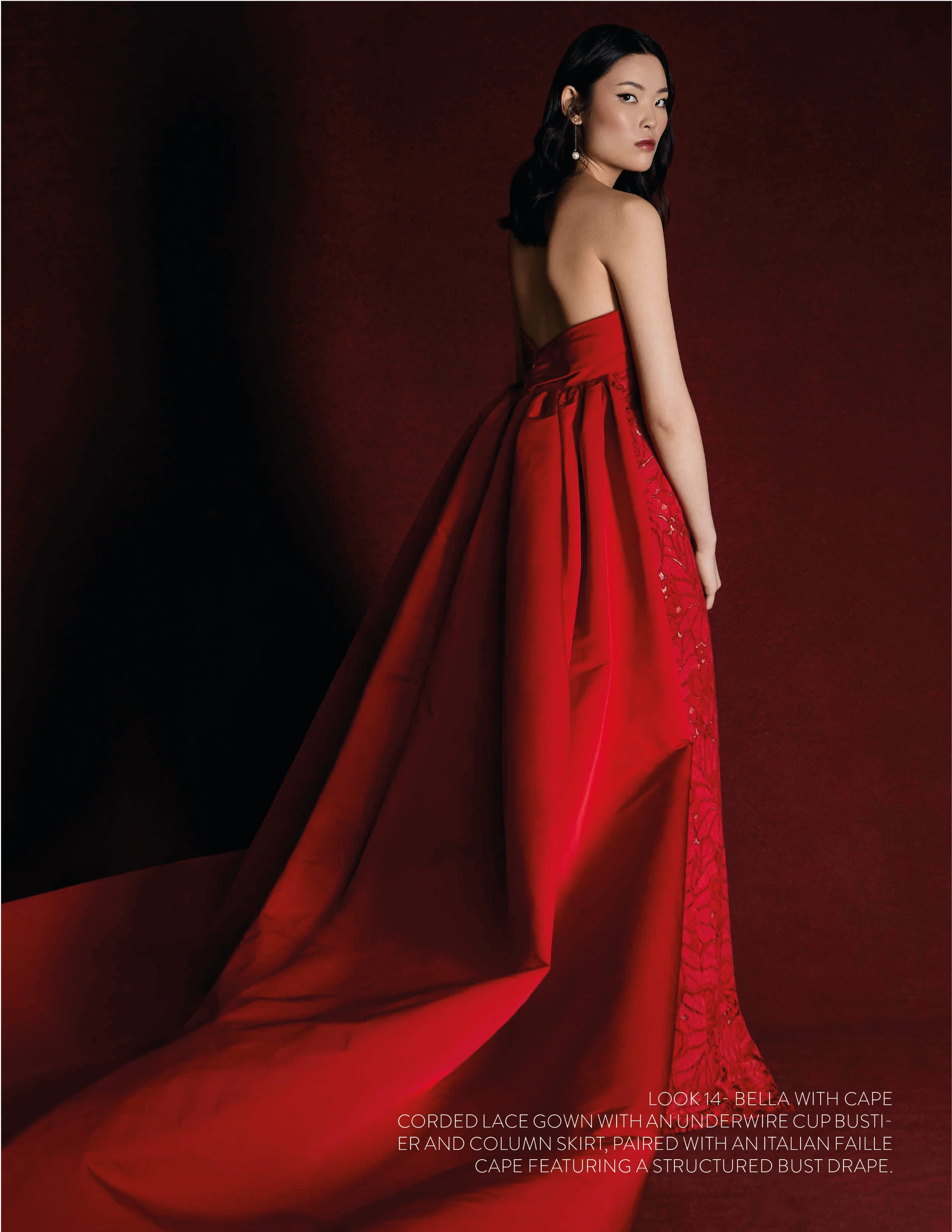 BELLA ROUGE GOWN - Corded lace gown with underwire cup bustier and column skirt paired with italian faille cape with bust drape.