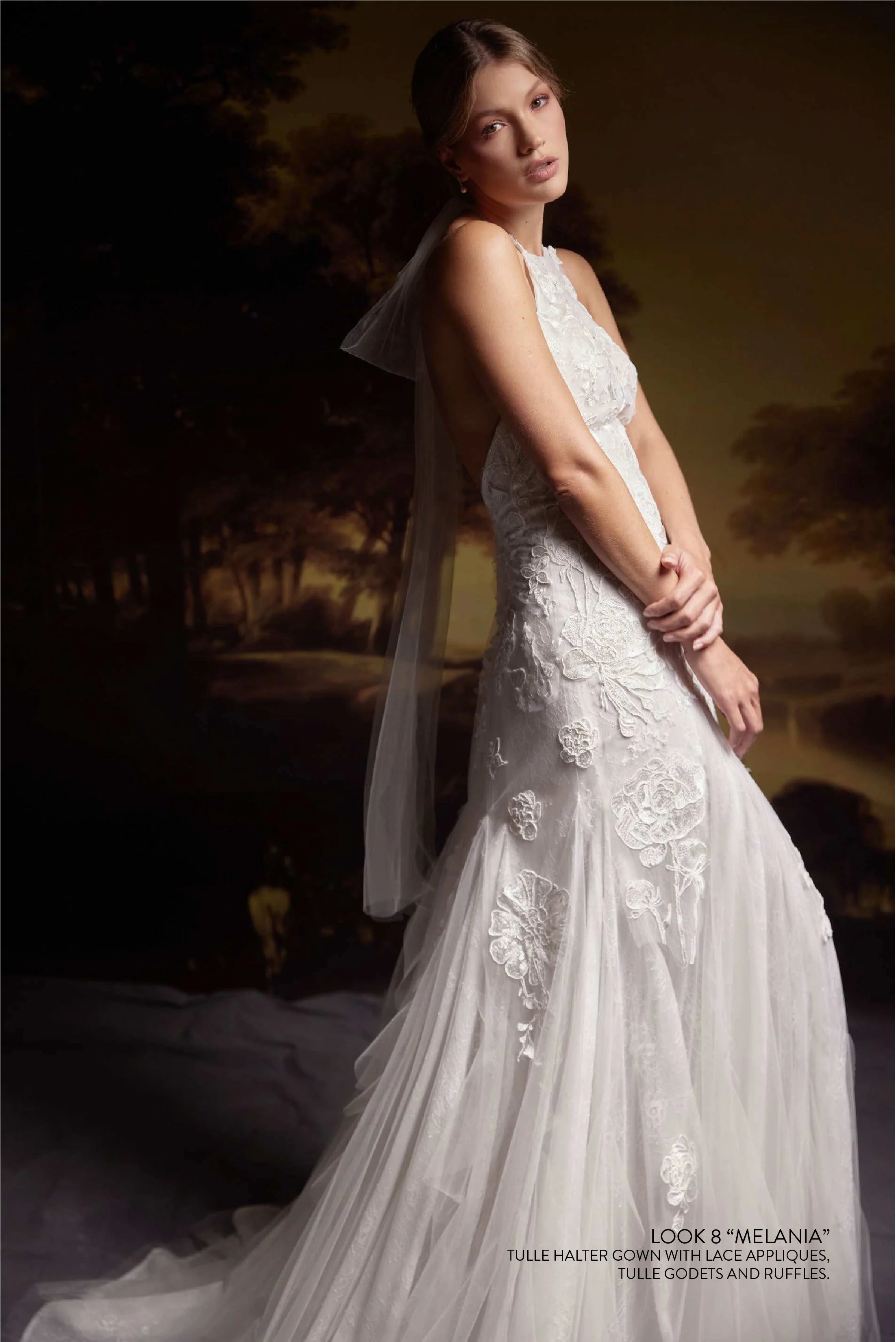 MELANIA GOWN - Tulle halter gown with lace appliqués, tulle godets and ruffles.