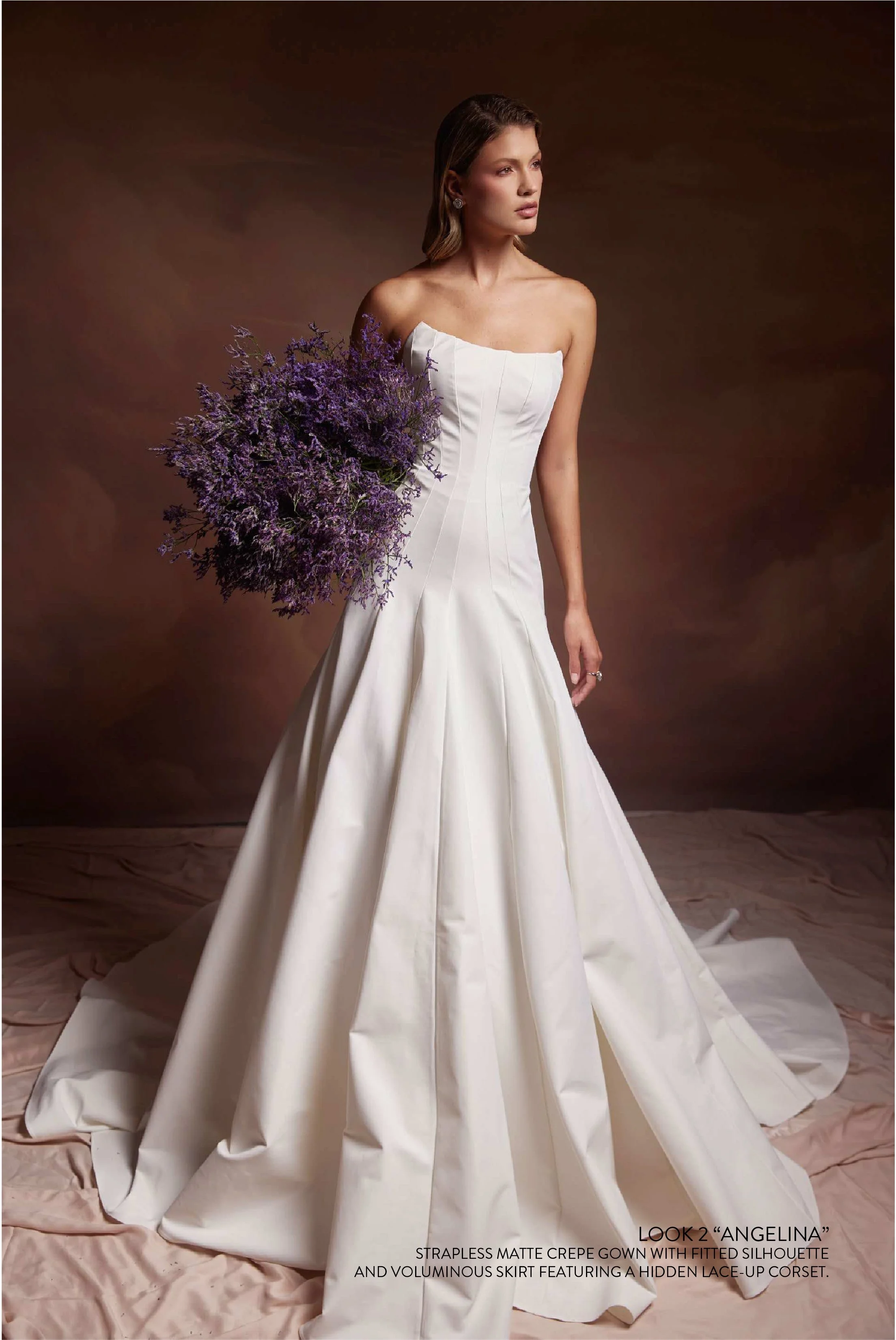ANGELINA GOWN - Strapless matte crepe gown with fitted silhouette and voluminous skirt featuring  a hidden lace up corset.