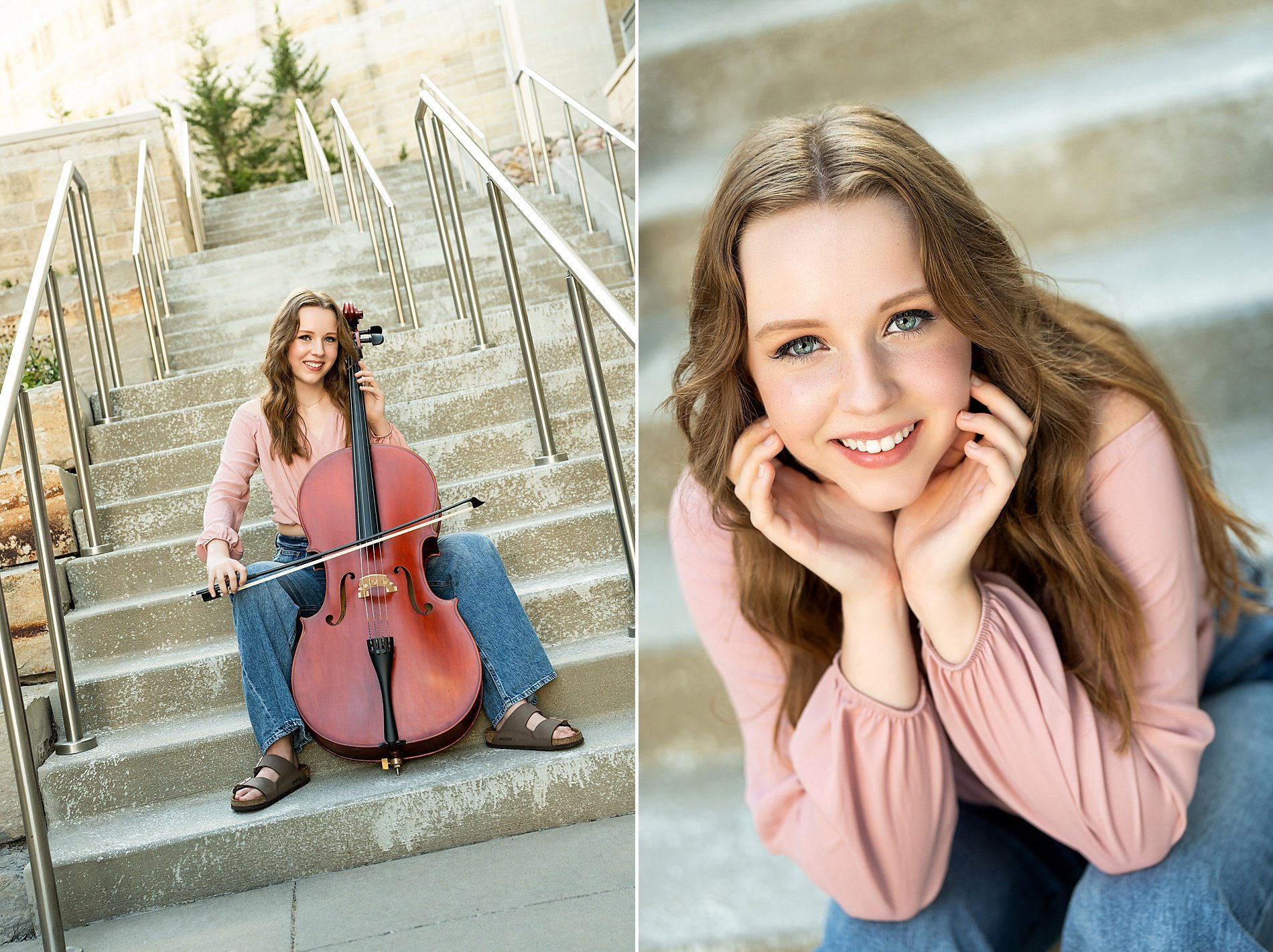  senior girl poses with her instrument during summer senior session 