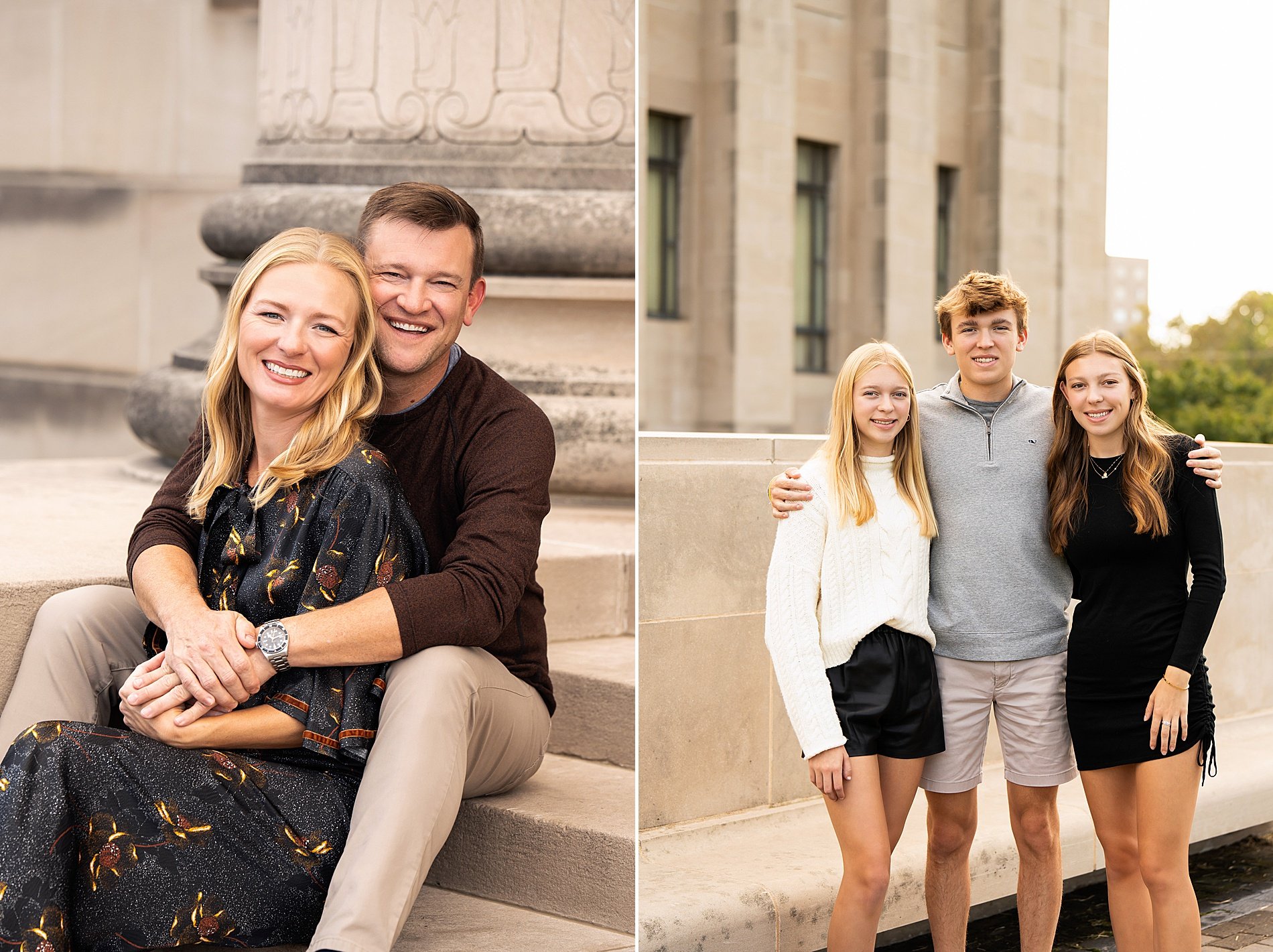  mom and dad sit on stairs and siblings stand together 