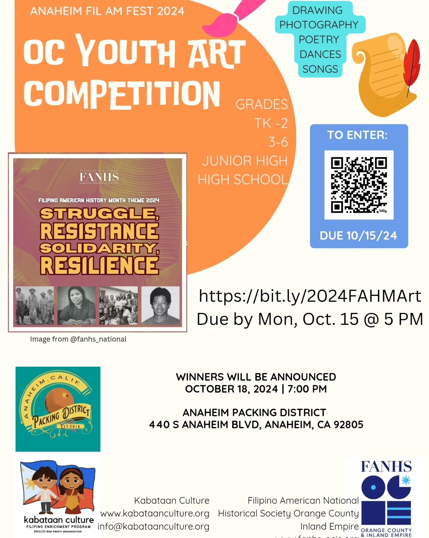 Psst! Calling all Orange County Youth to participate in our Fil Am History Month Art Contest hosted by the Anaheim Packing District @packingdistrict FANHS OCIE @fanhs.ocie Kabataan Culture @kabataanculture 
Please submit your original art work, poet