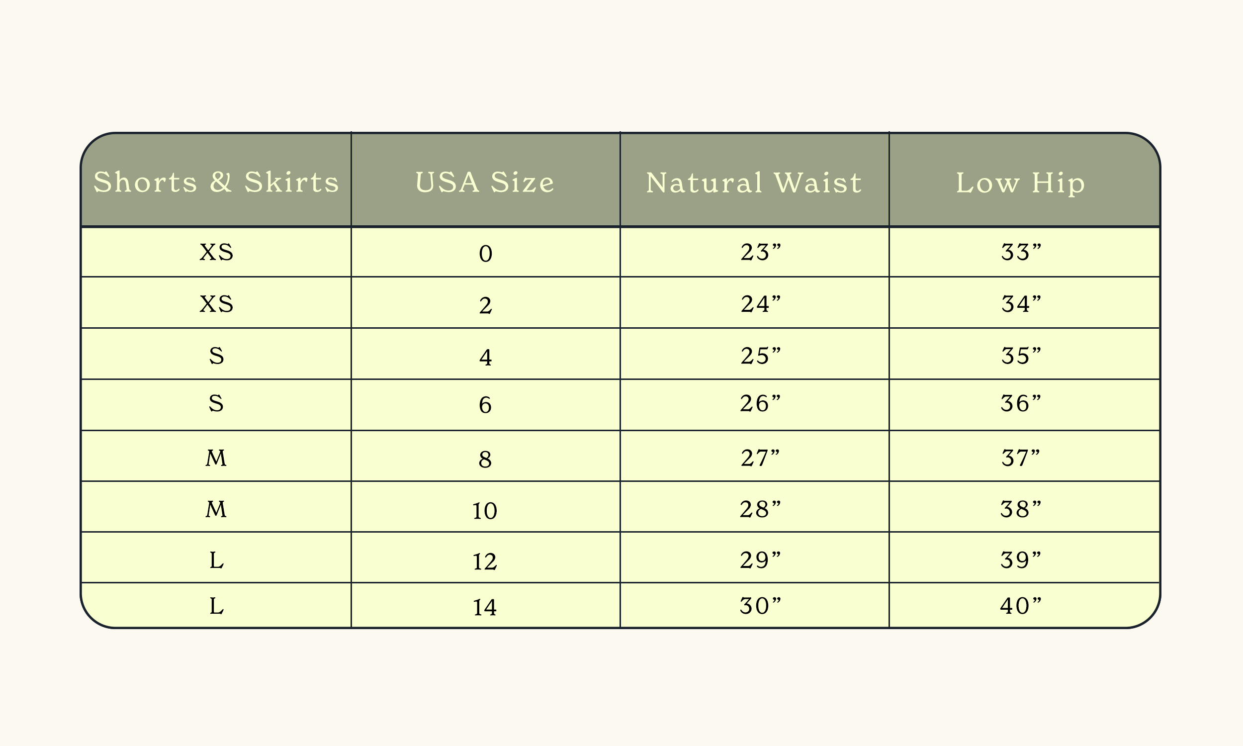 Size Chart Women Jeans