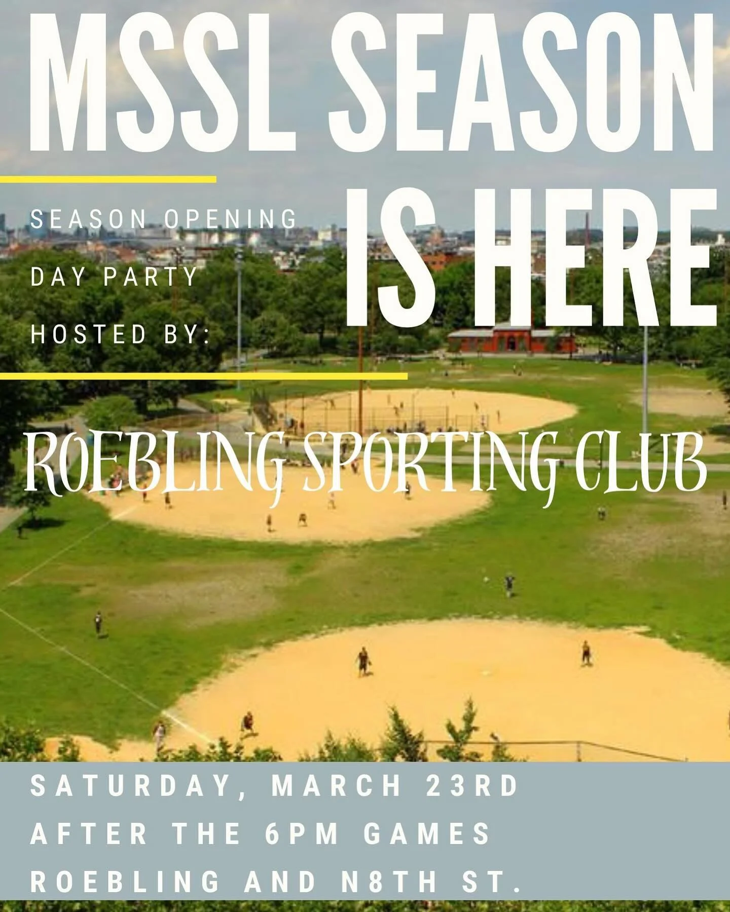 Opening day party will be hosted by @roeblingnyc on Saturday! Drink specials and amazing food will be served!!!! Let&rsquo;s kick off another amazing MSSL season and support our long time sponsor RSC!