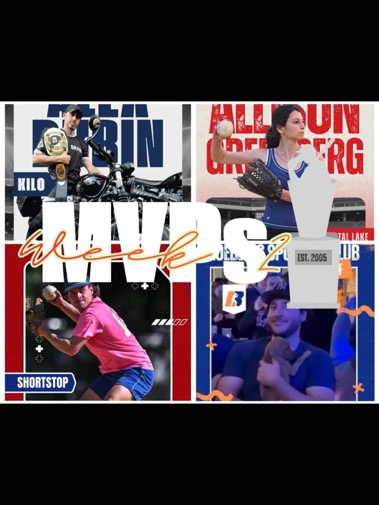 Week 2 has come and MVPs have been selected! Congrats to @alexdubin5 @allisong_04 @dgas31 &hellip; Again big thanks to @tuesdaymundy for executing and designing the cards! (Not tagged Stephen) As always big thanks to our wonderful sponsors!