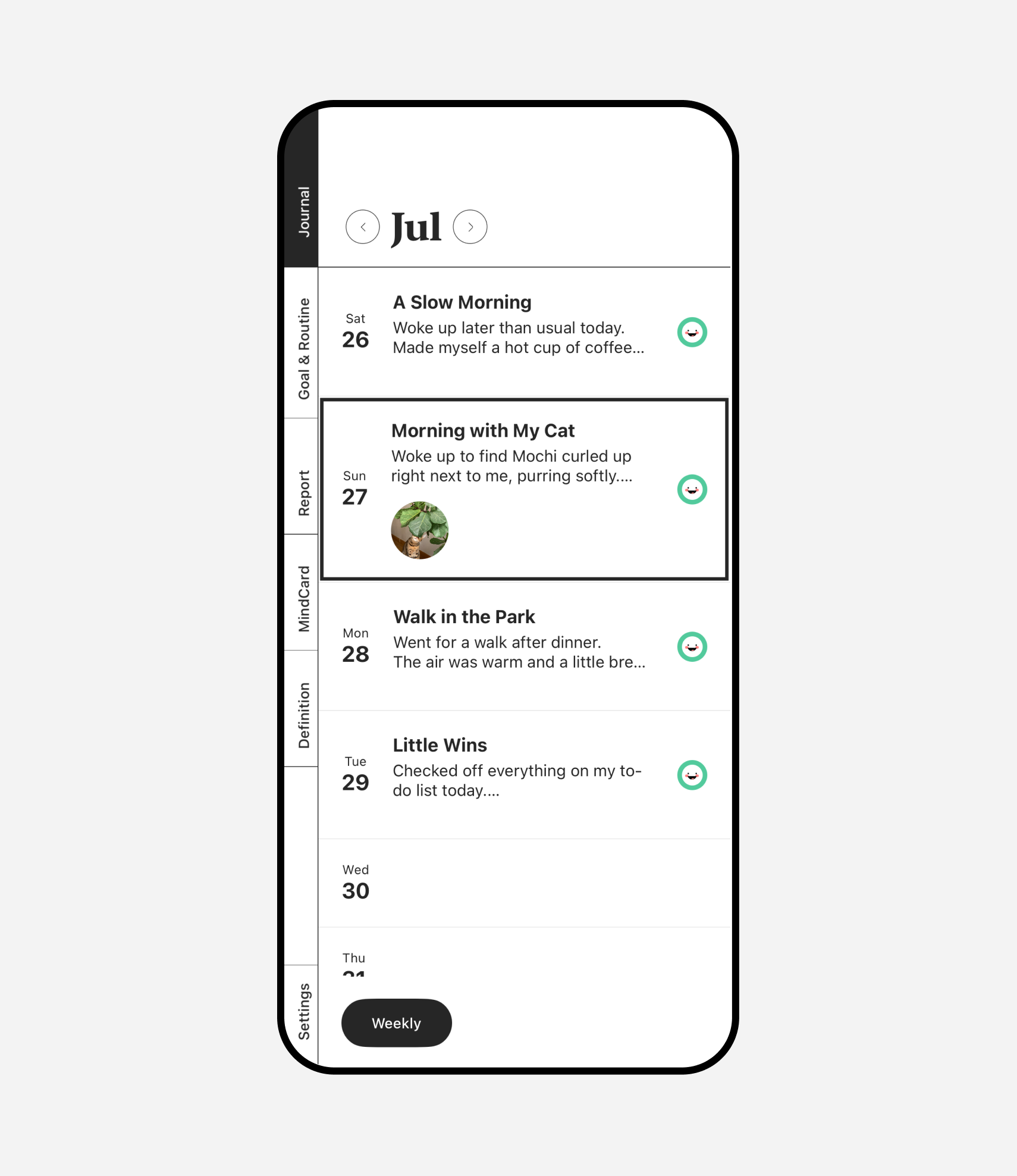 JournalCircle monthly view showing a list of daily journal entries organized by date, with photos and mood icons for easy reflection.