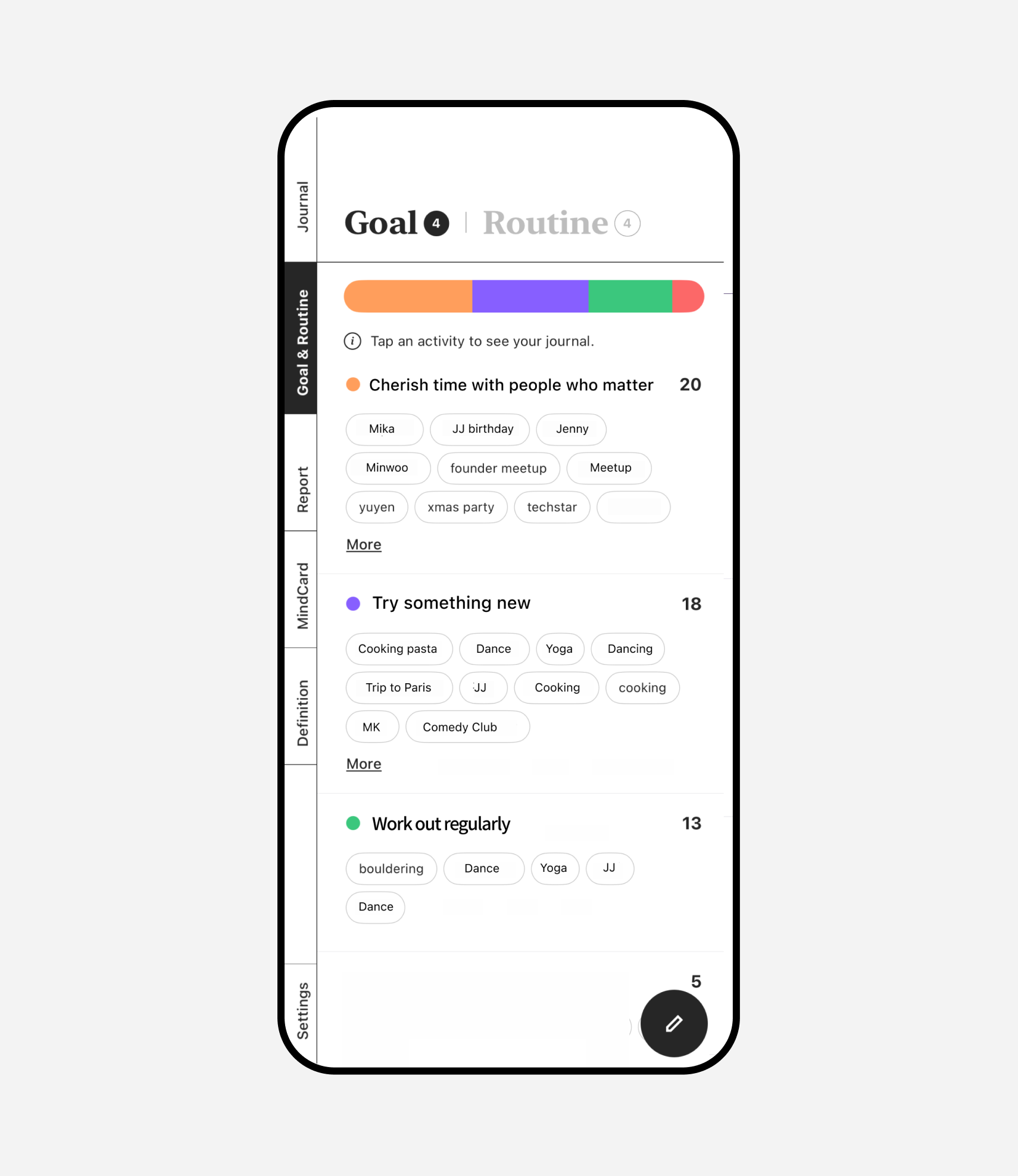 JournalCircle goal and routine setup screen where users define goals, track related activities, and connect daily actions to their journal entries.