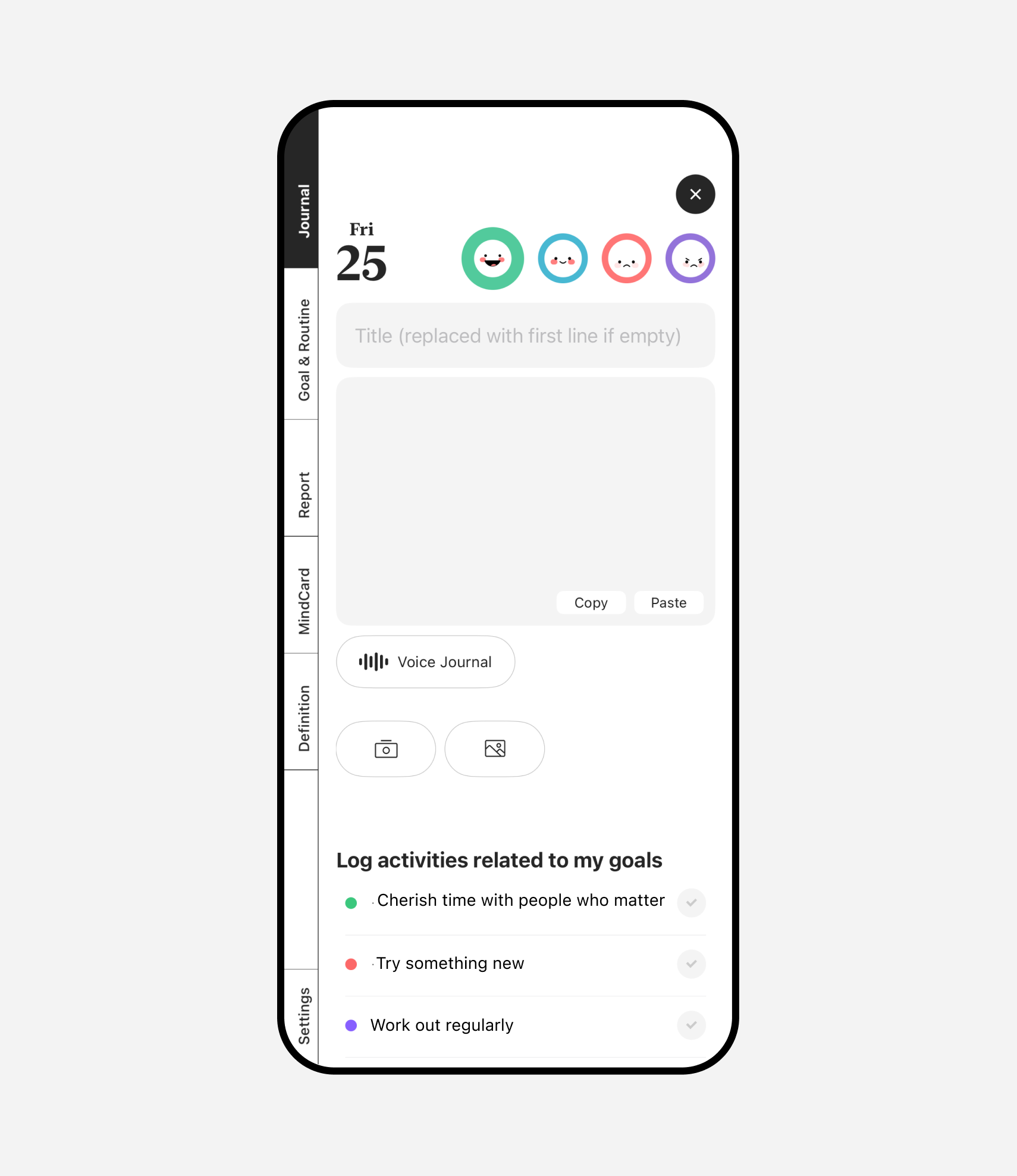 JournalCircle daily journal editor showing mood selection, text entry, voice journal option, and goal-related activity logging for a single day.