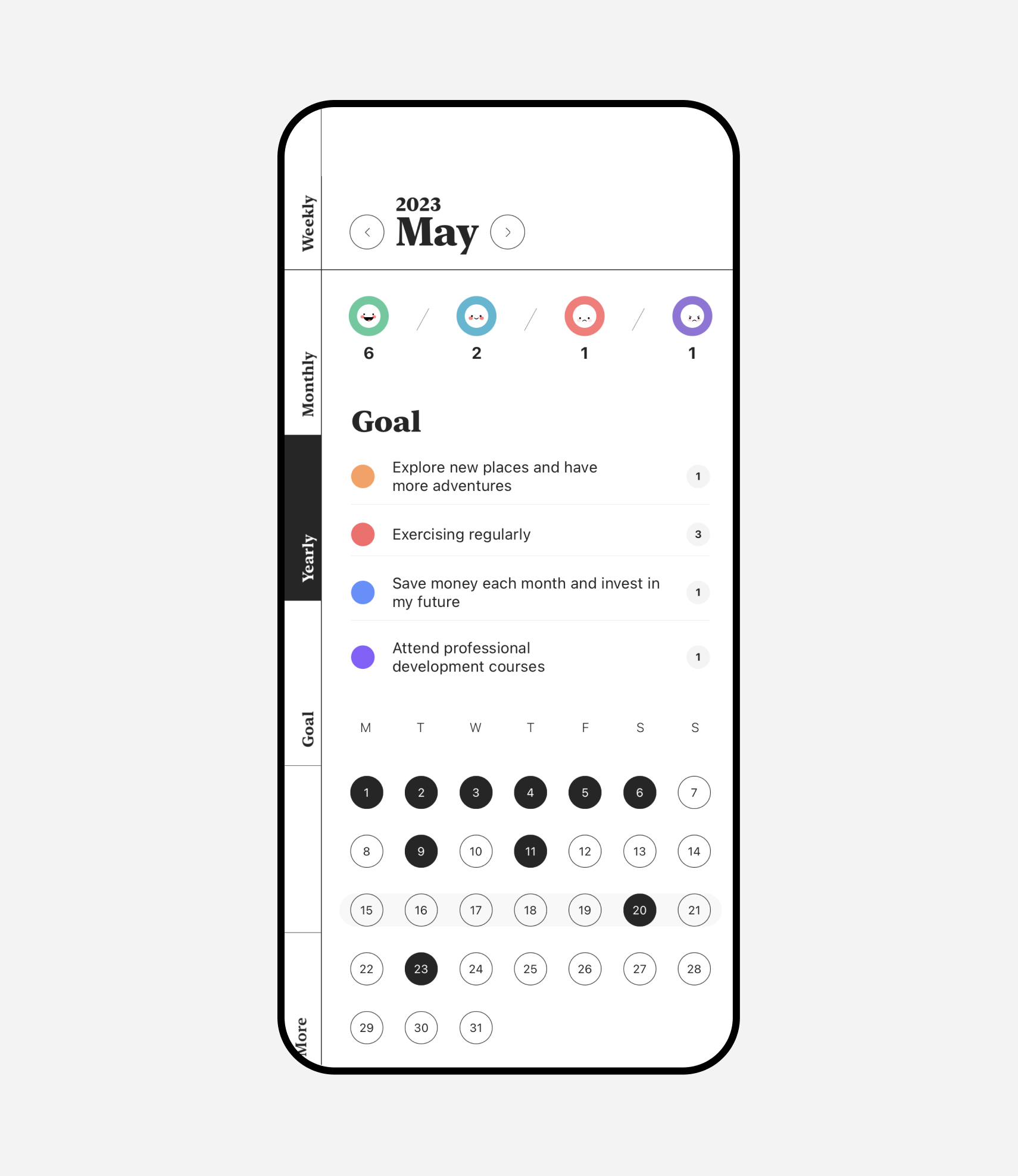 JournalCircle report screen showing a monthly calendar with moods and goals visualized by icons, allowing users to select a mood or goal and view related journal entries by date.