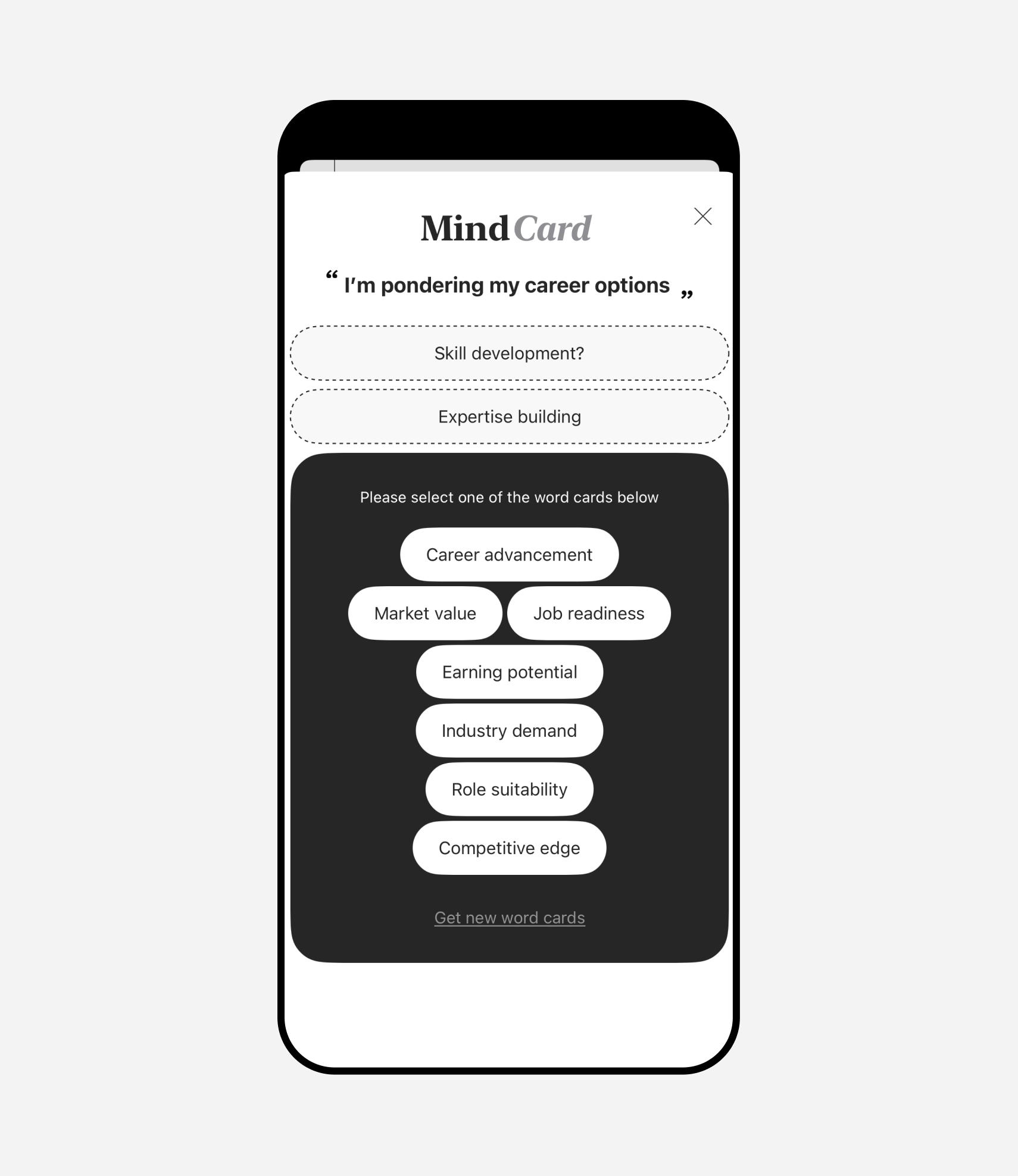 JournalCircle Mind Card screen where users write a concern and select related word cards to reflect on underlying reasons and thought patterns.