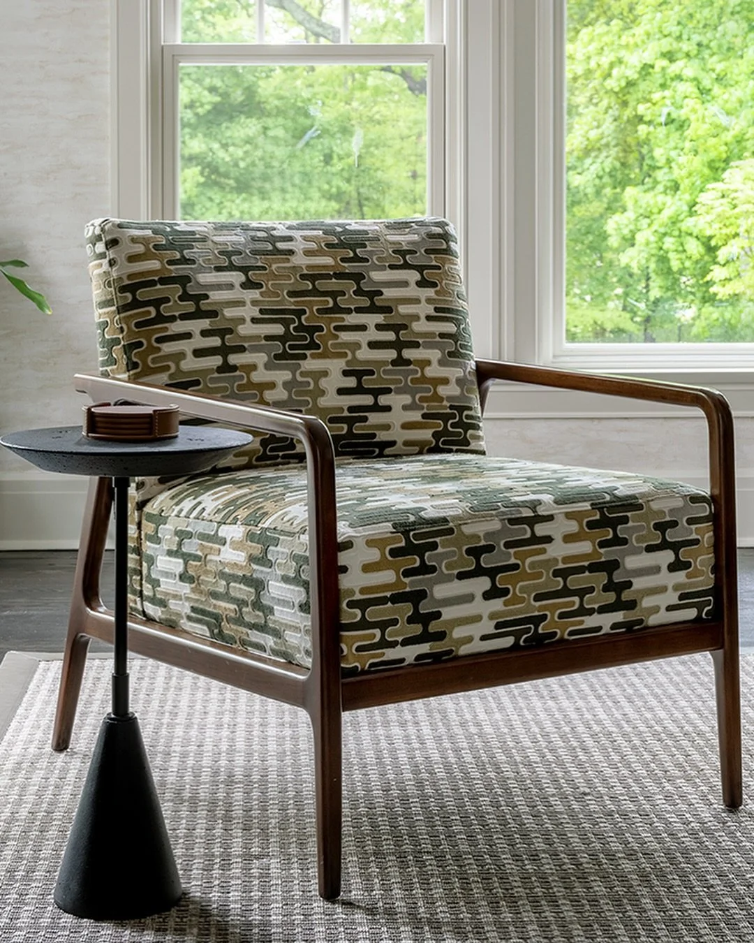Sourcing fabrics for custom occasional chairs is one of our favorite things to do! There are millions of options, and we love narrowing it down to find the perfect scale, shape, and palette for a chair that will tie a whole room together. 
.
Design b